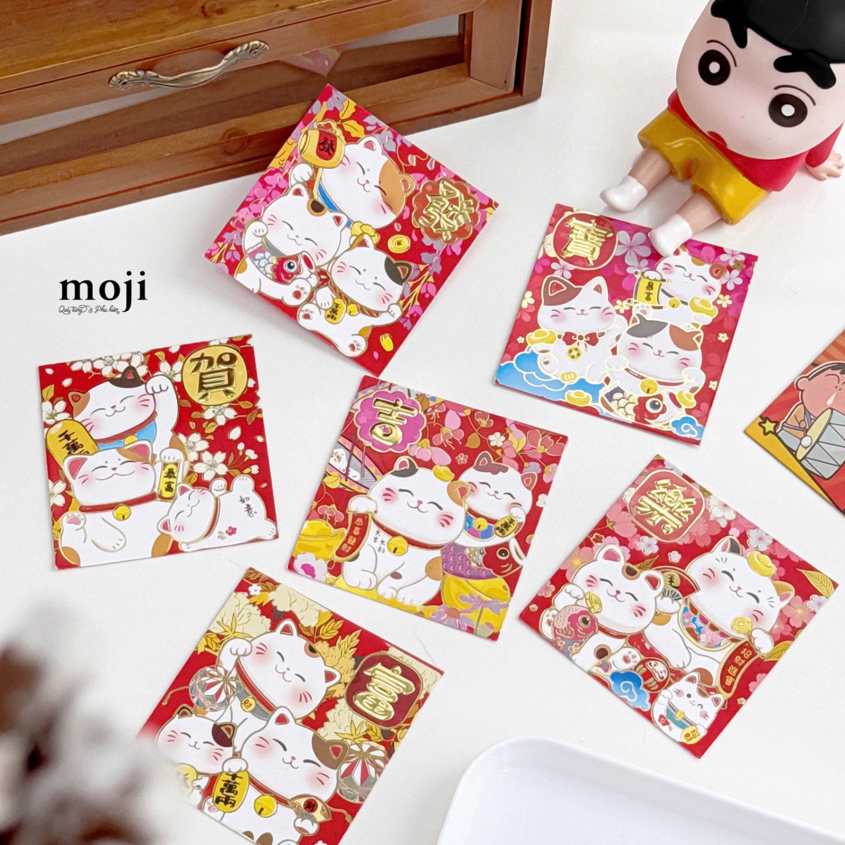 Bao lì xì Mèo may mắn nền hoa lá set6