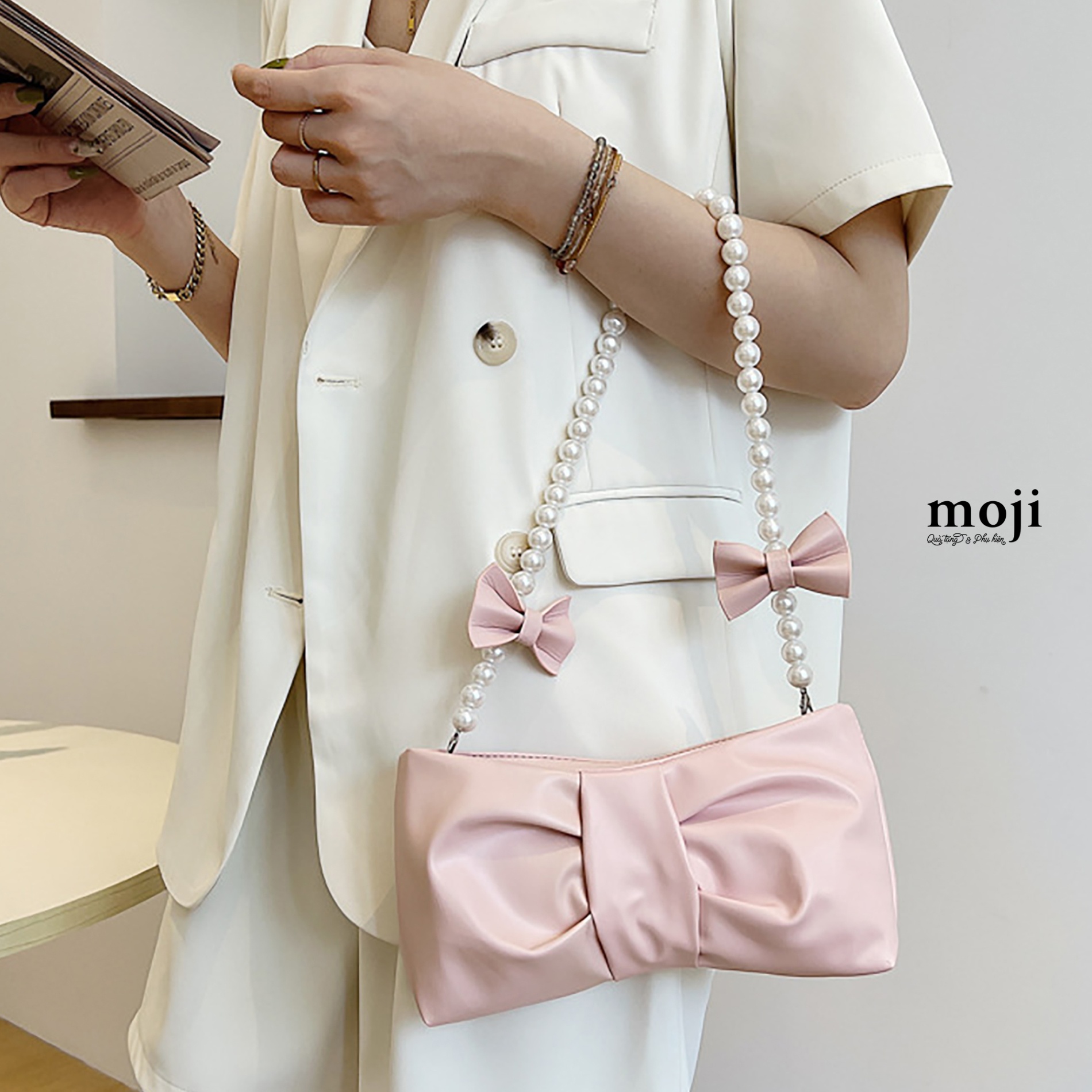 Túi đeo da Bow nơ dây đeo ngọc trai 13x25