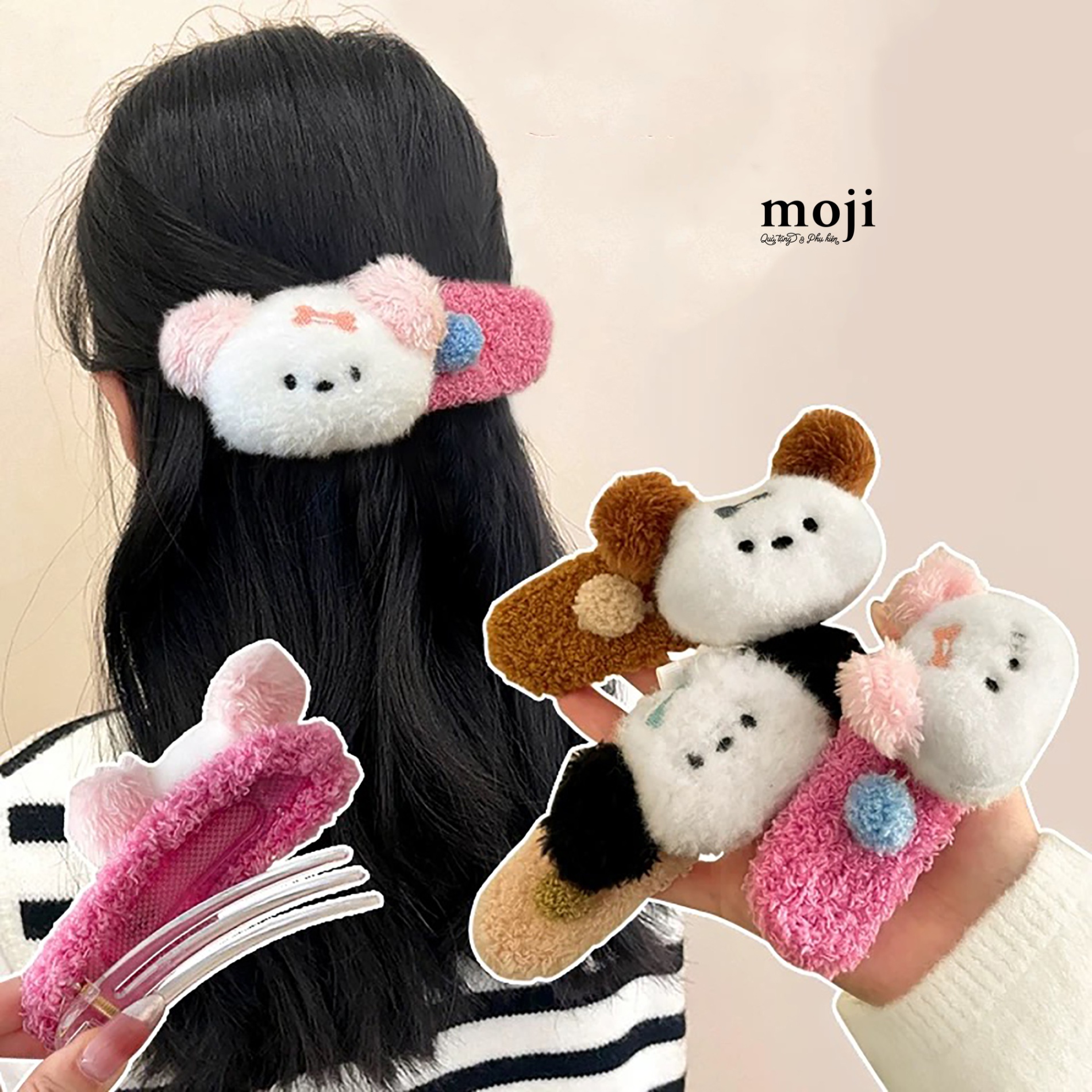 Kẹp tóc MJ Cute dog face có tai phối màu cục bông