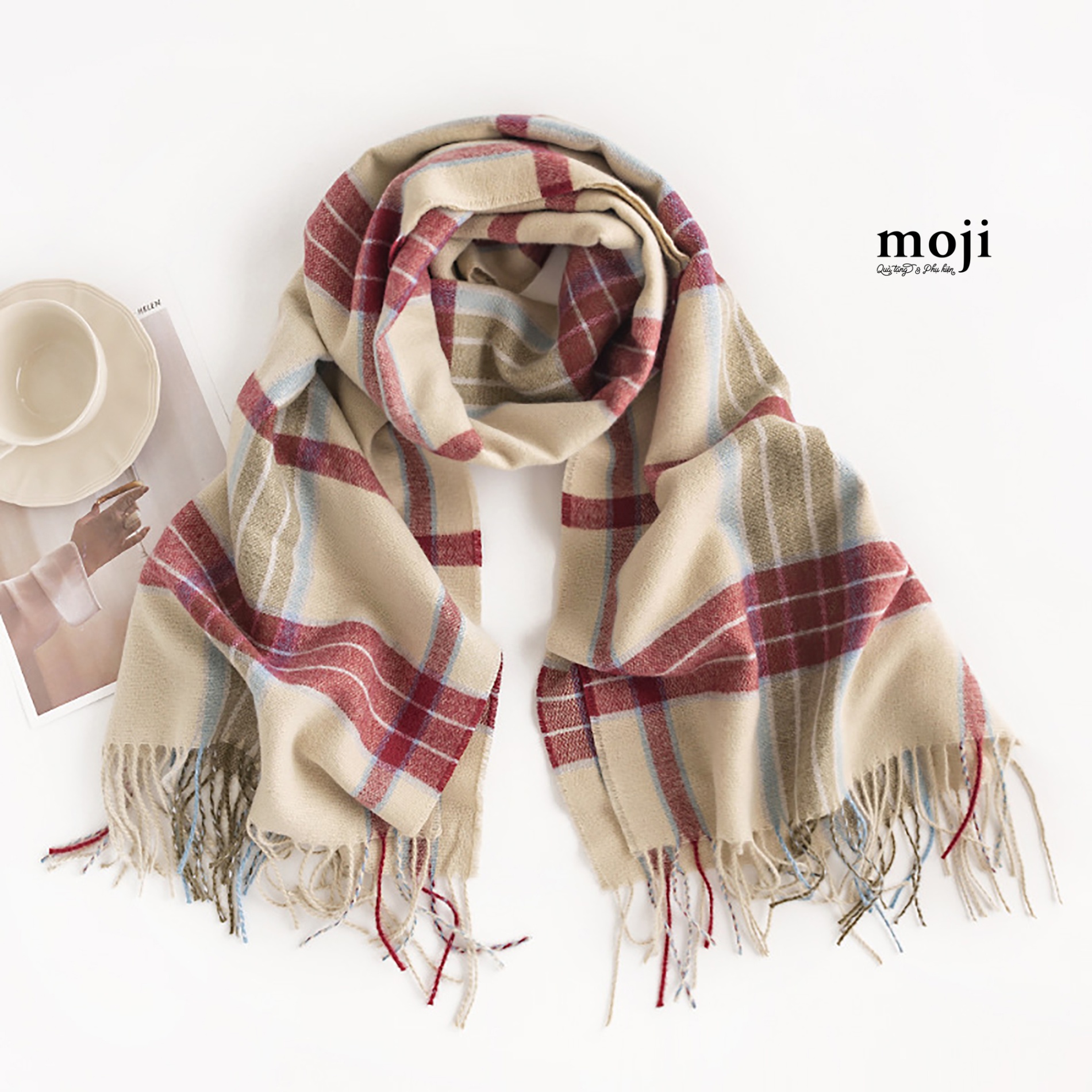 Khăn len cashmere Kẻ ô vuông phối nhiều màu tua rua 70x180