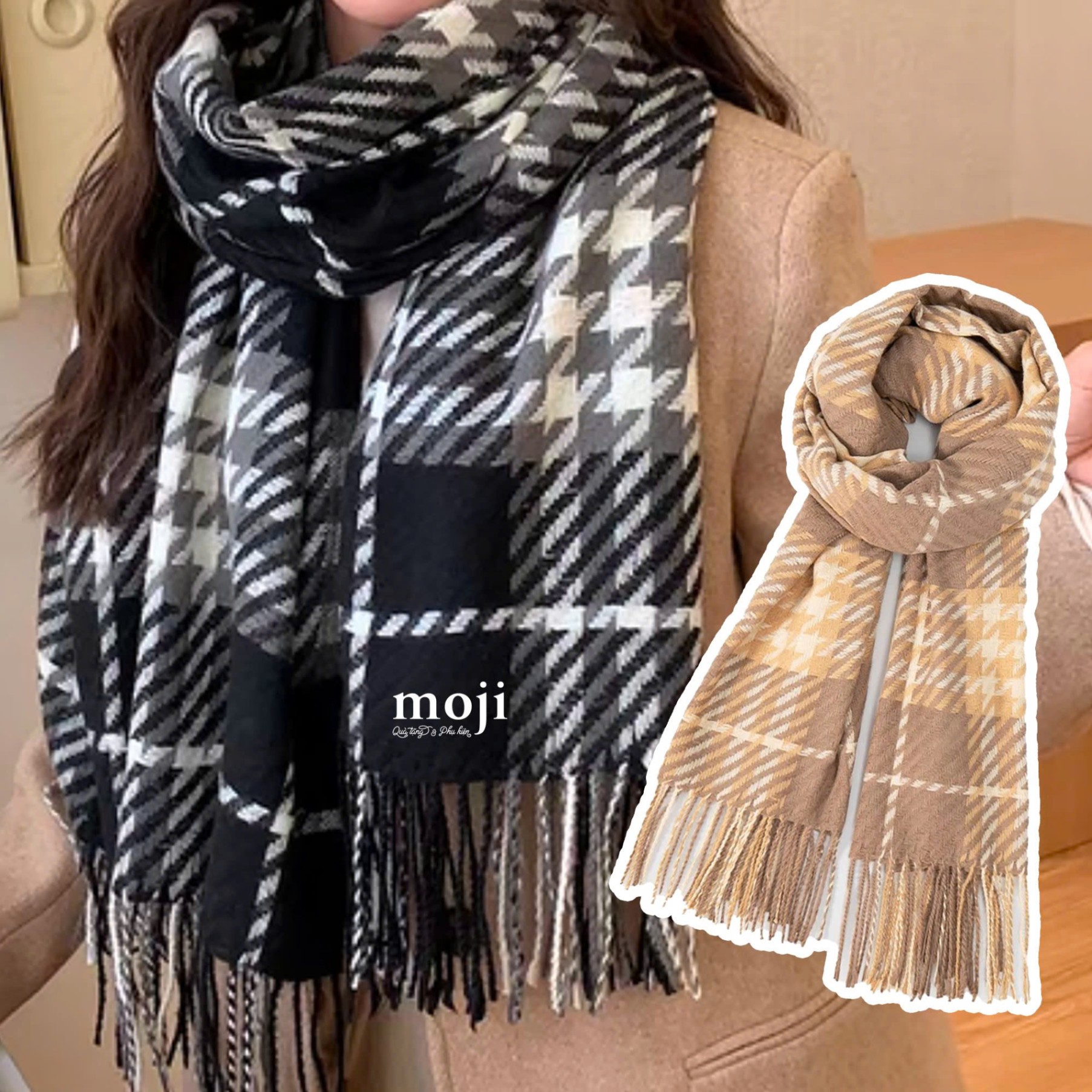 Khăn len cashmere Houndstooth pattern trong ô vuông phối màu sọc chéo tua rua 70x180