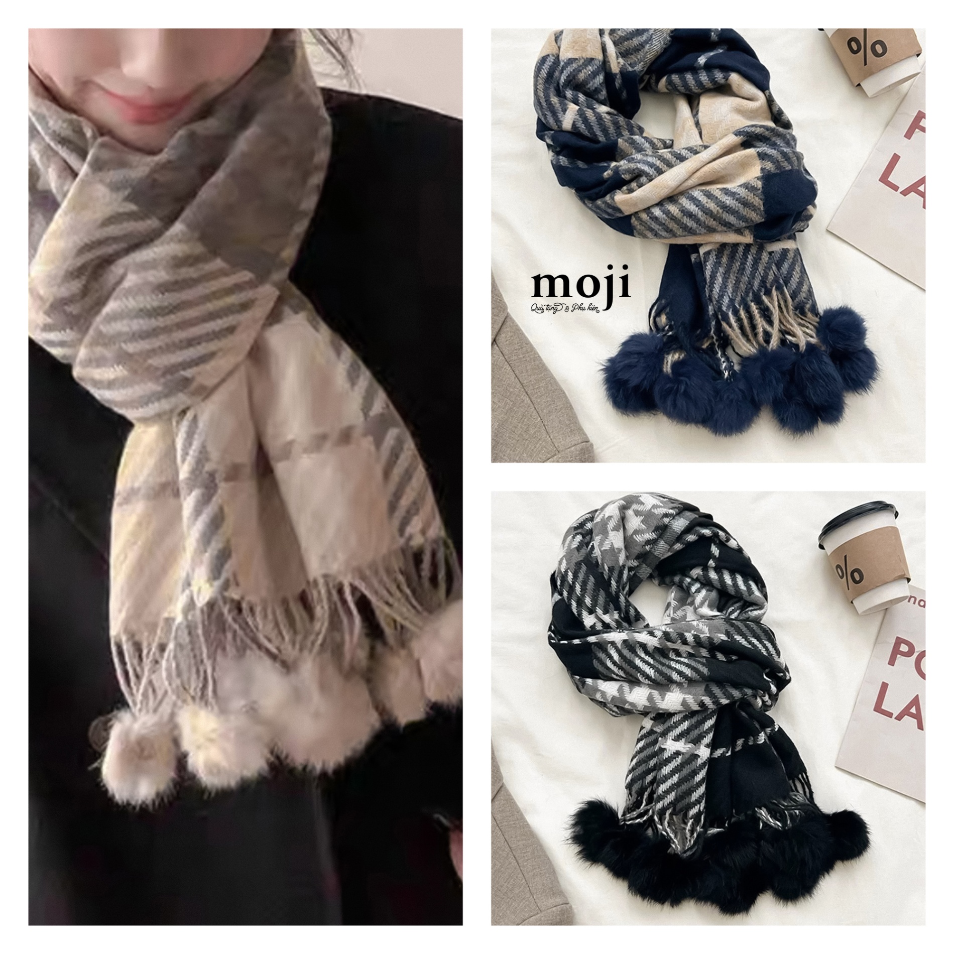 Khăn len cashmere Kẻ ô sọc chéo tua rua cục bông 65x195