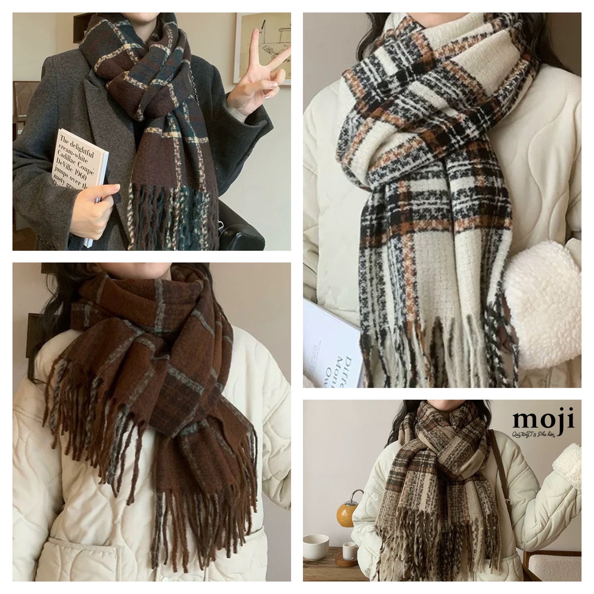 Khăn len cashmere đường kẻ ô họa tiết phối màu tua rua 65x215