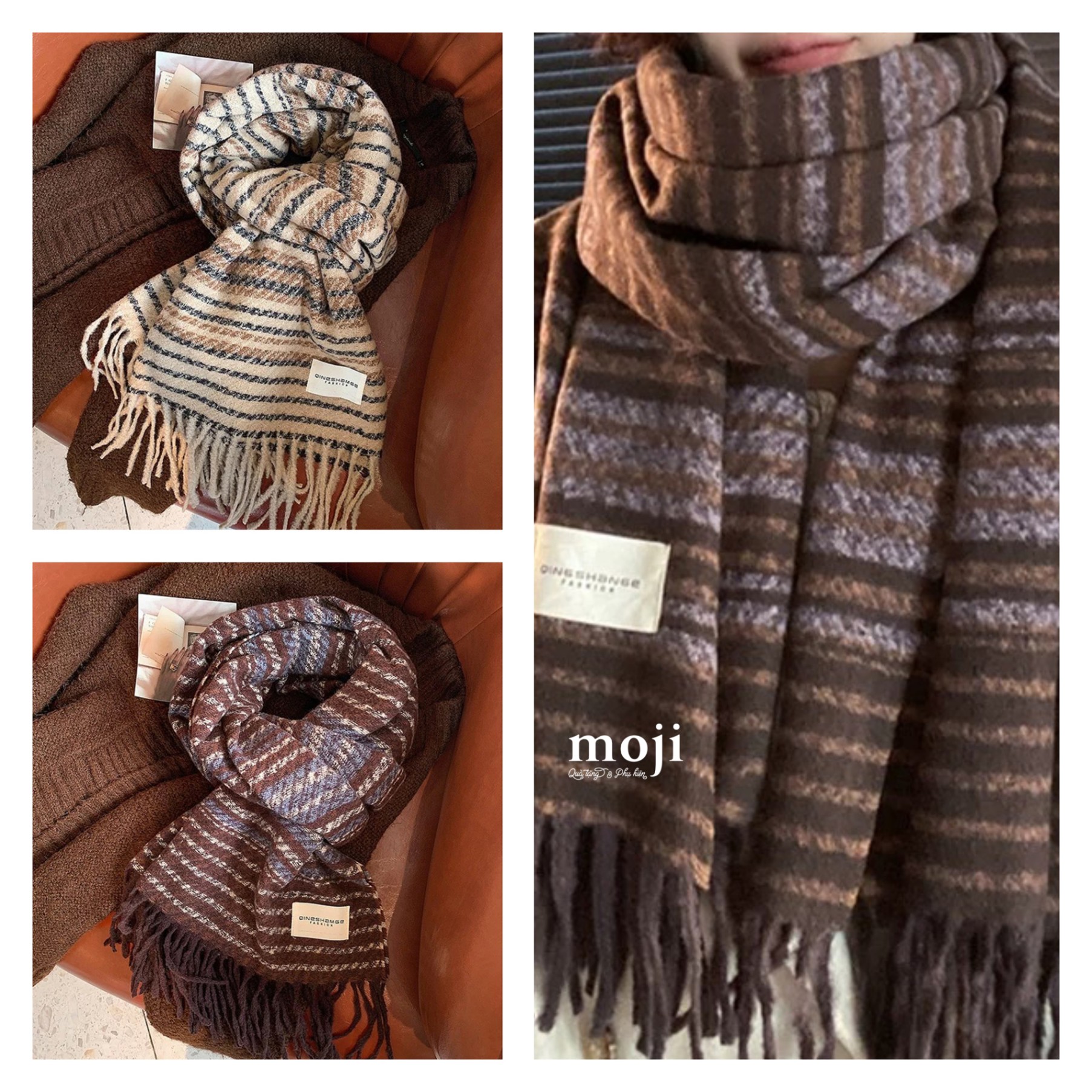 Khăn len cashmere Sọc ngang phối màu tua rua 64x200