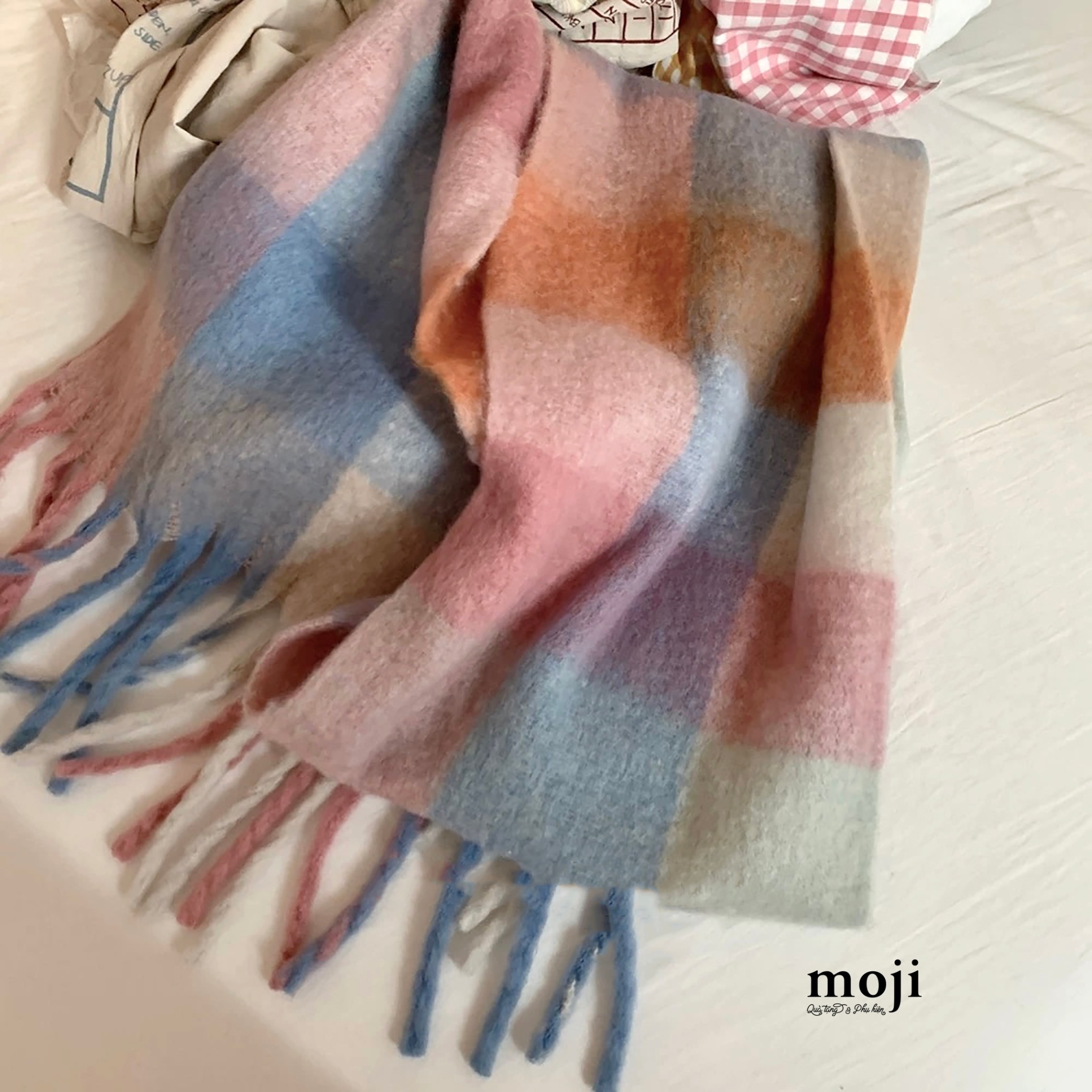 Khăn len cashmere Basic ô vuông phối màu tua rua 40x240