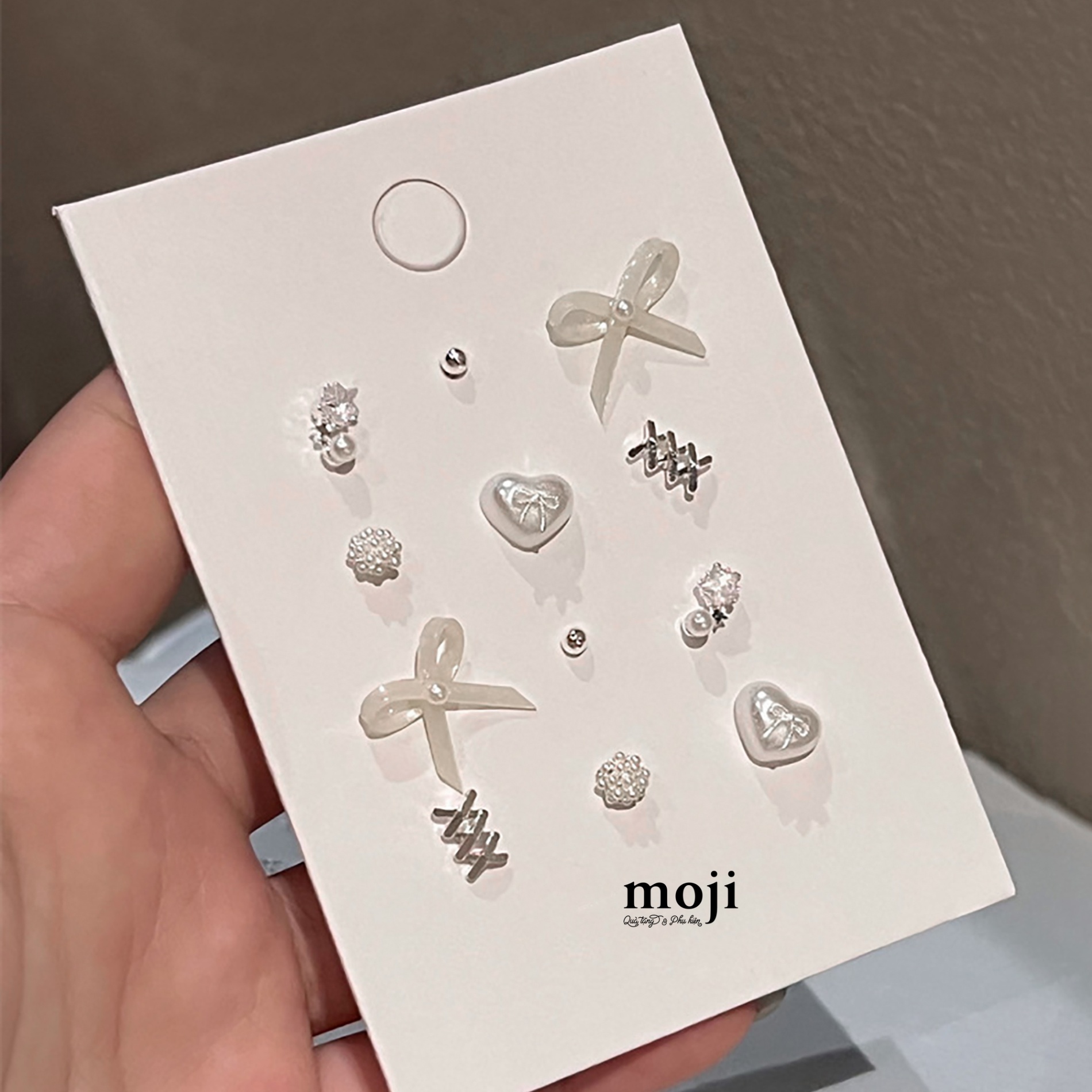 Khuyên tai set12 Heart bow nơ ngọc trai