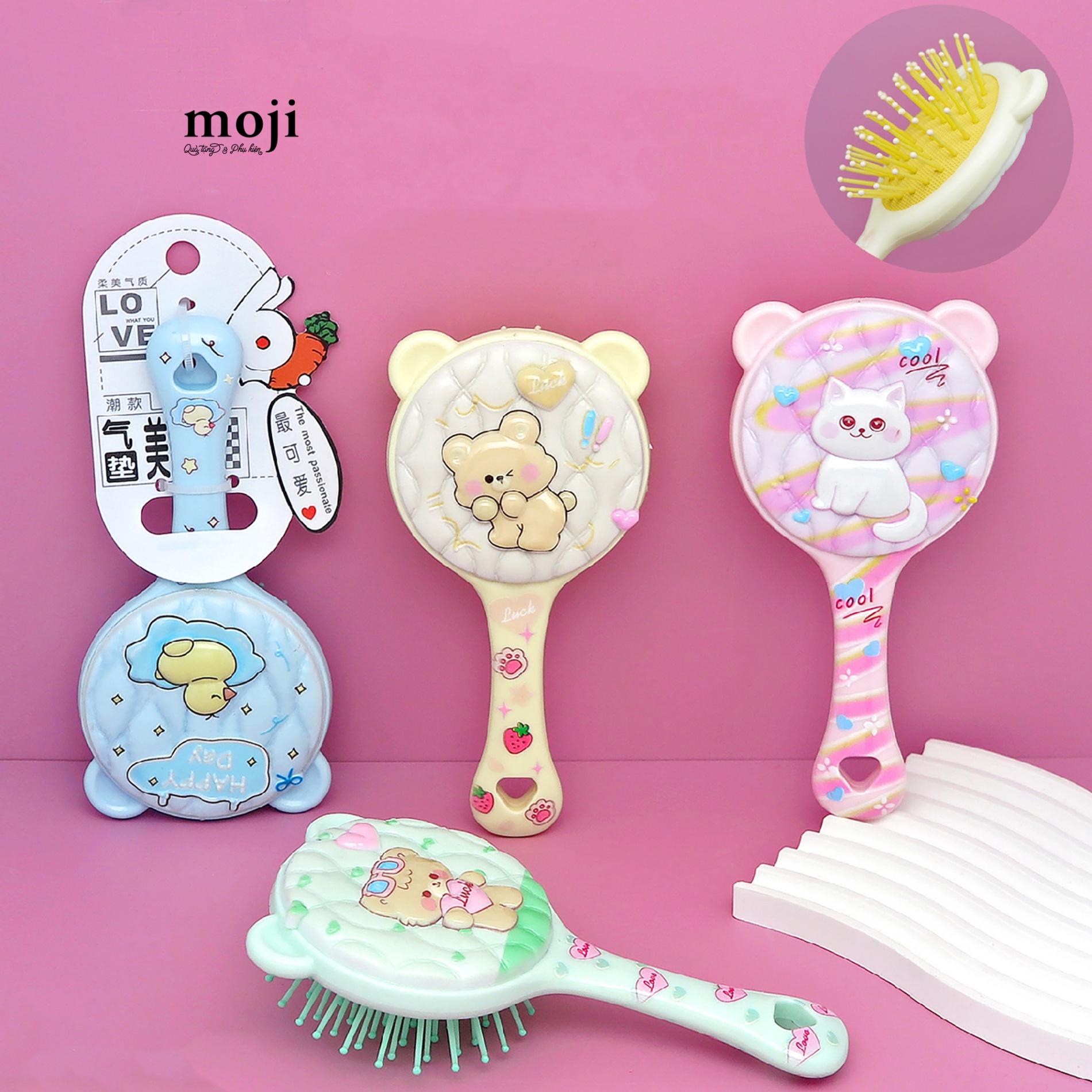 Lược đệm mát xa Cute animal happy day họa tiết nổi tai gấu