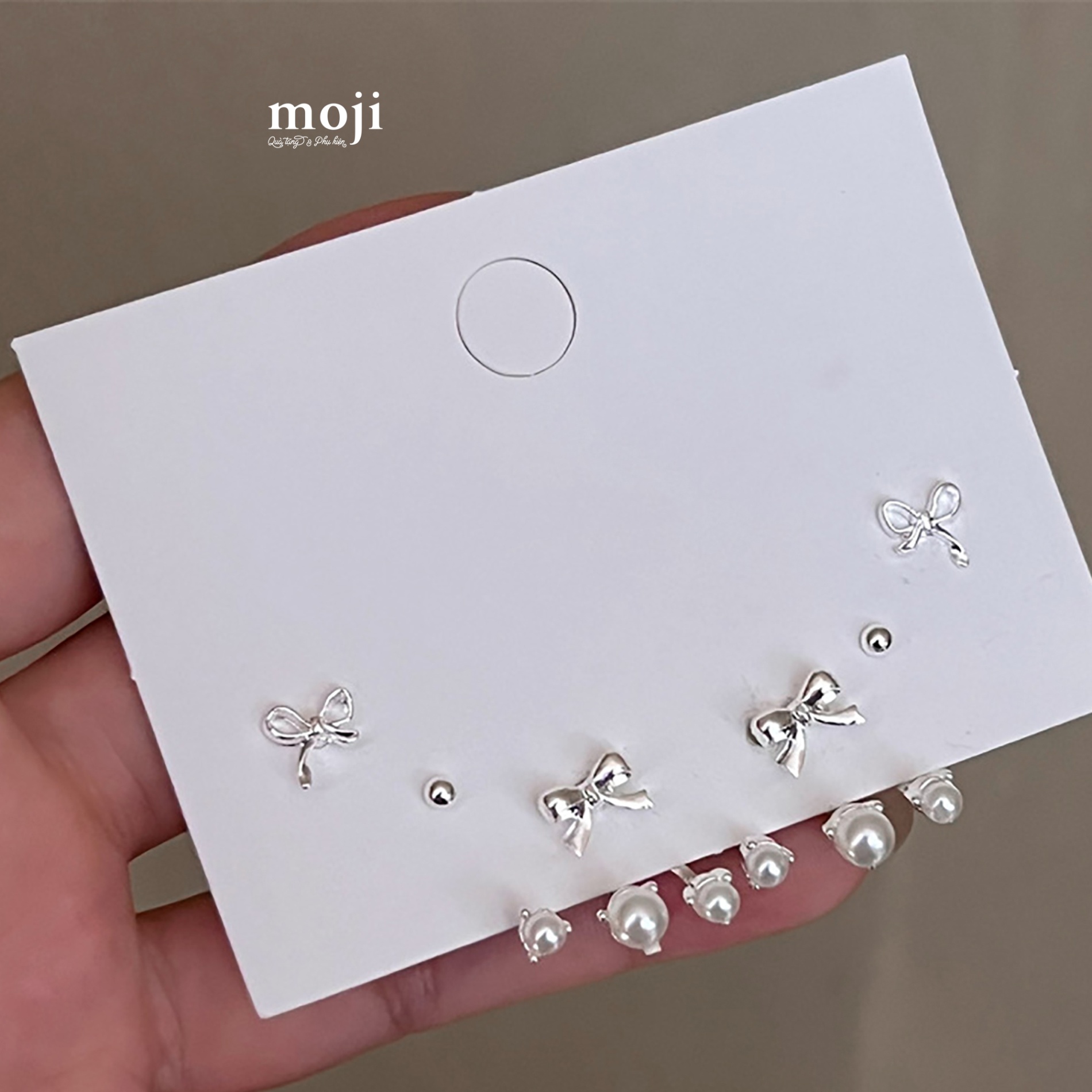 Khuyên tai set6 Bow nơ ngọc trai hạt tròn