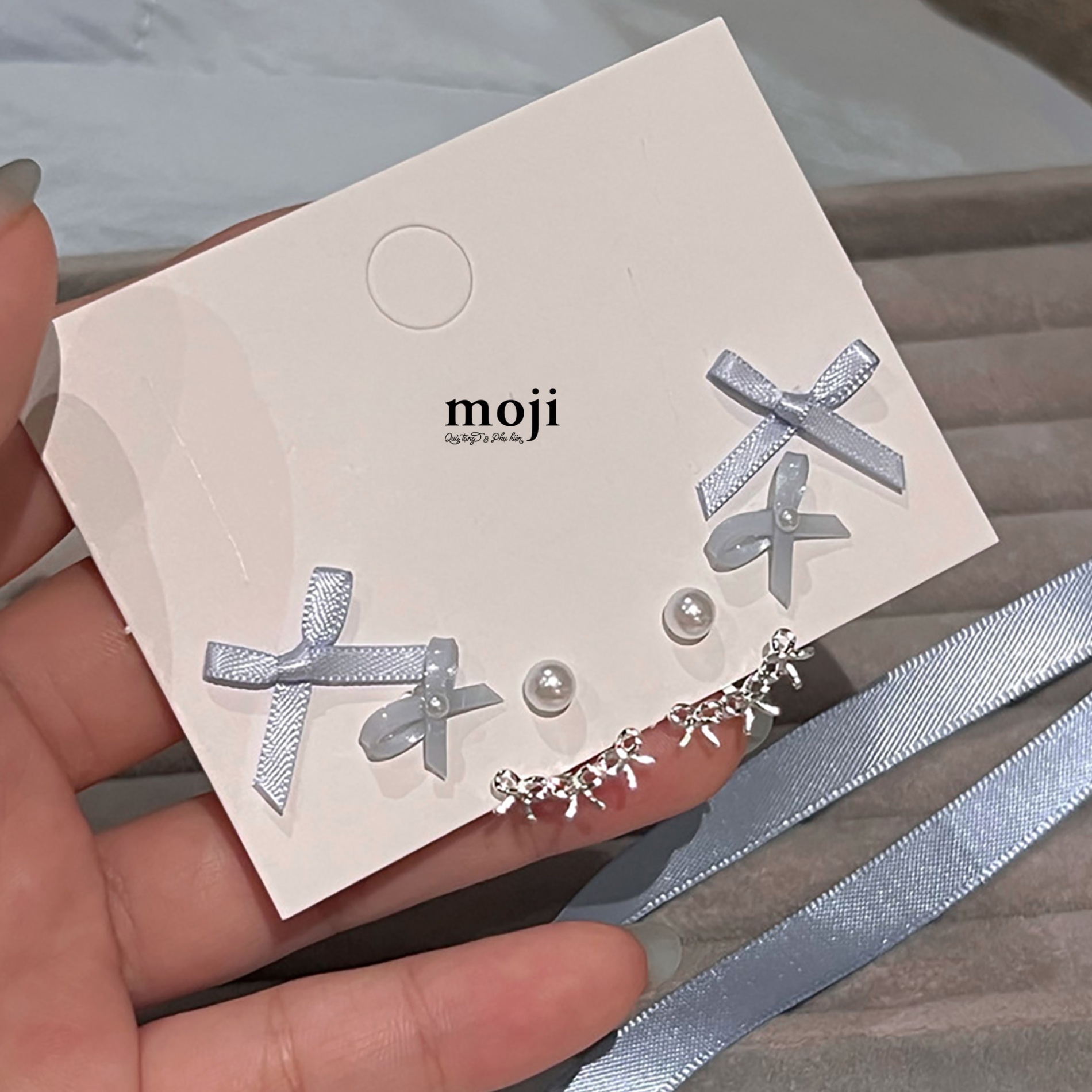 Khuyên tai set6 Blue bow nơ ngọc trai