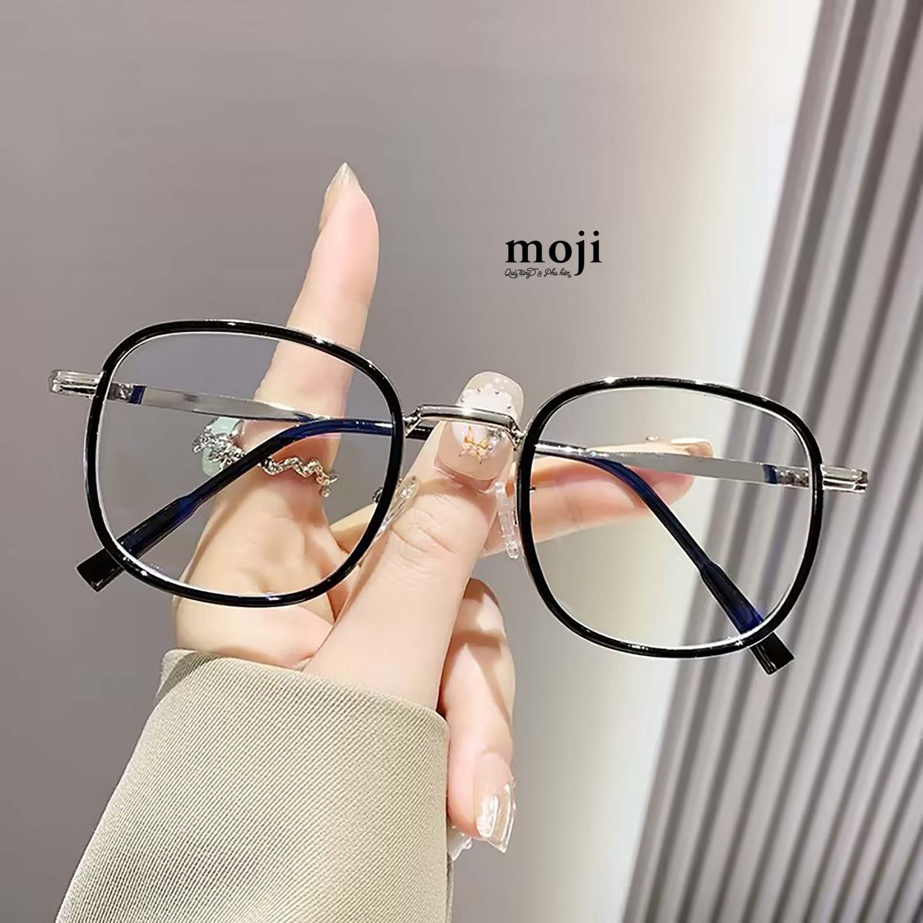 Kính gọng kim loại Basic mắt vuông bo góc chân bọc nhựa