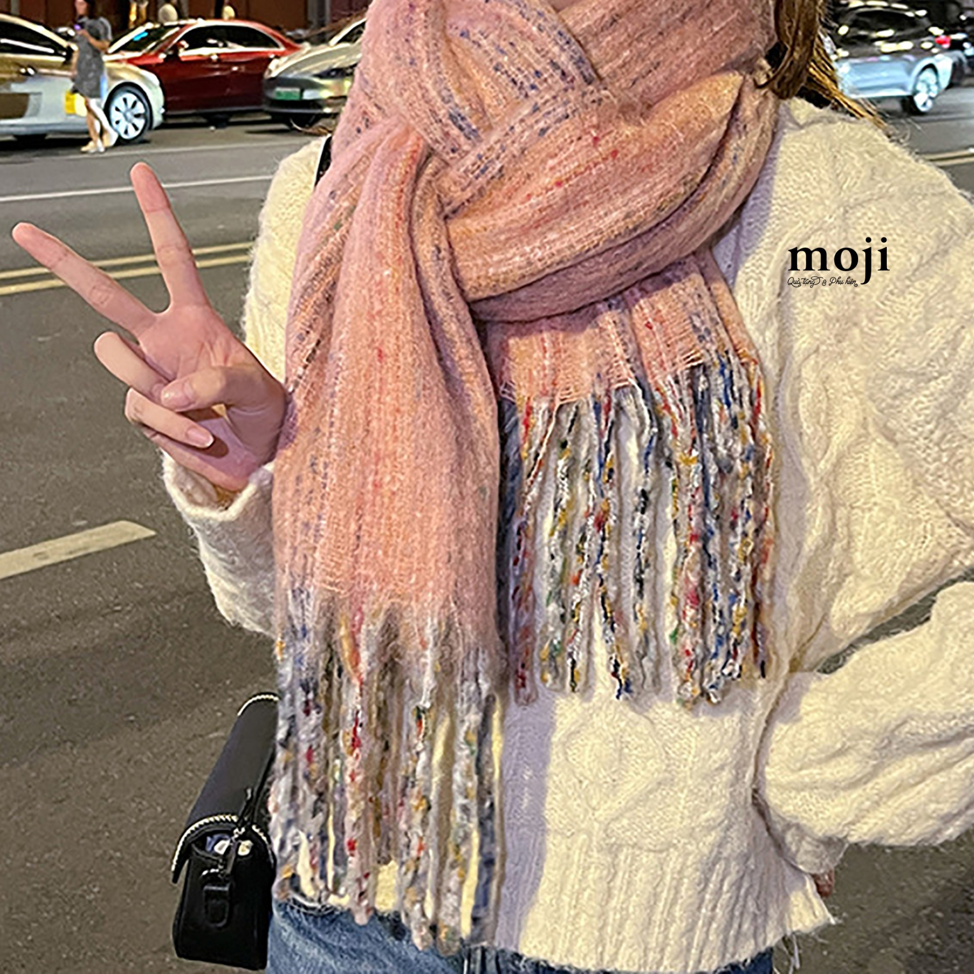 Khăn len cashmere Sợi màu sắc tua rua 55x220
