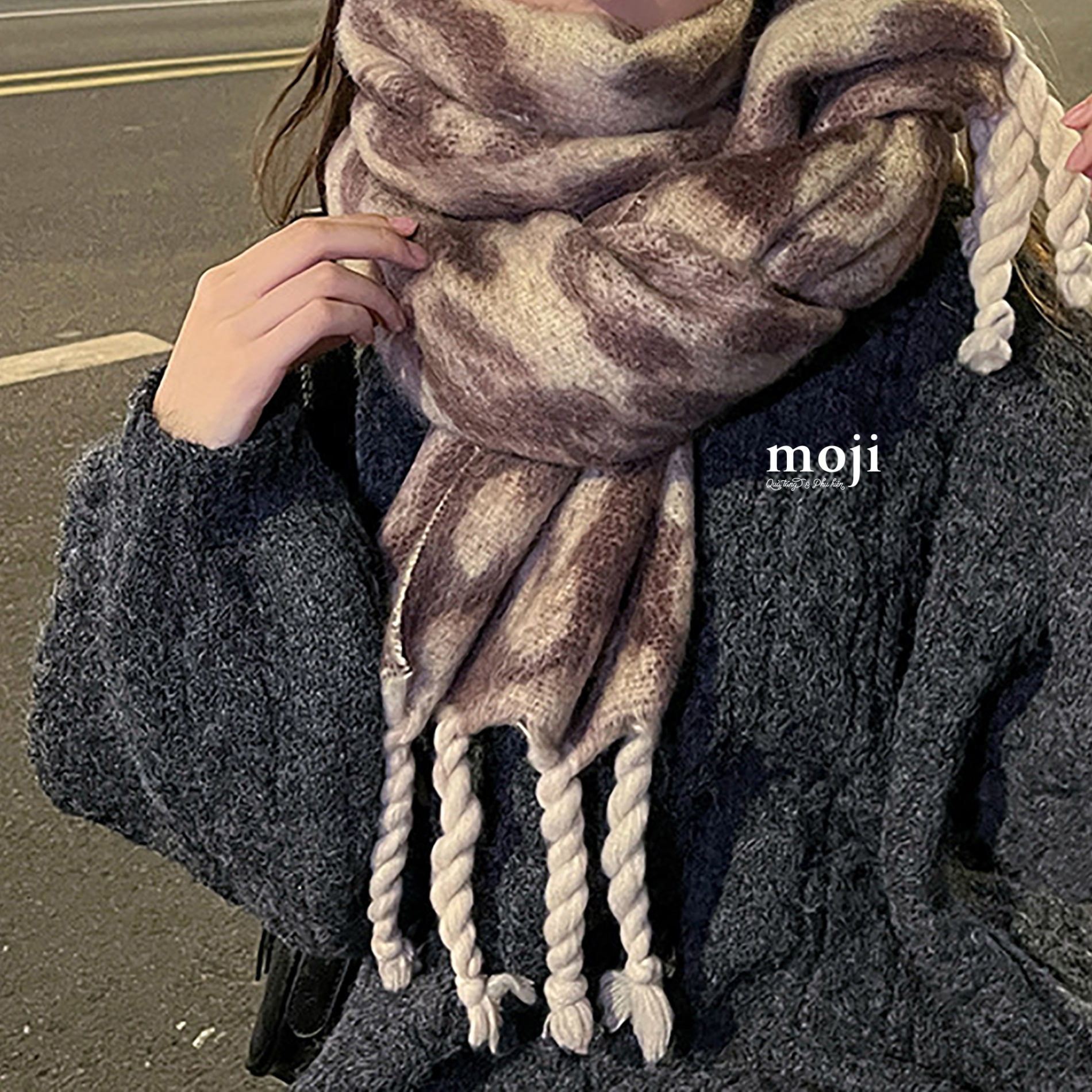 Khăn len cashmere Vệt màu dây bện tua rua 40x240