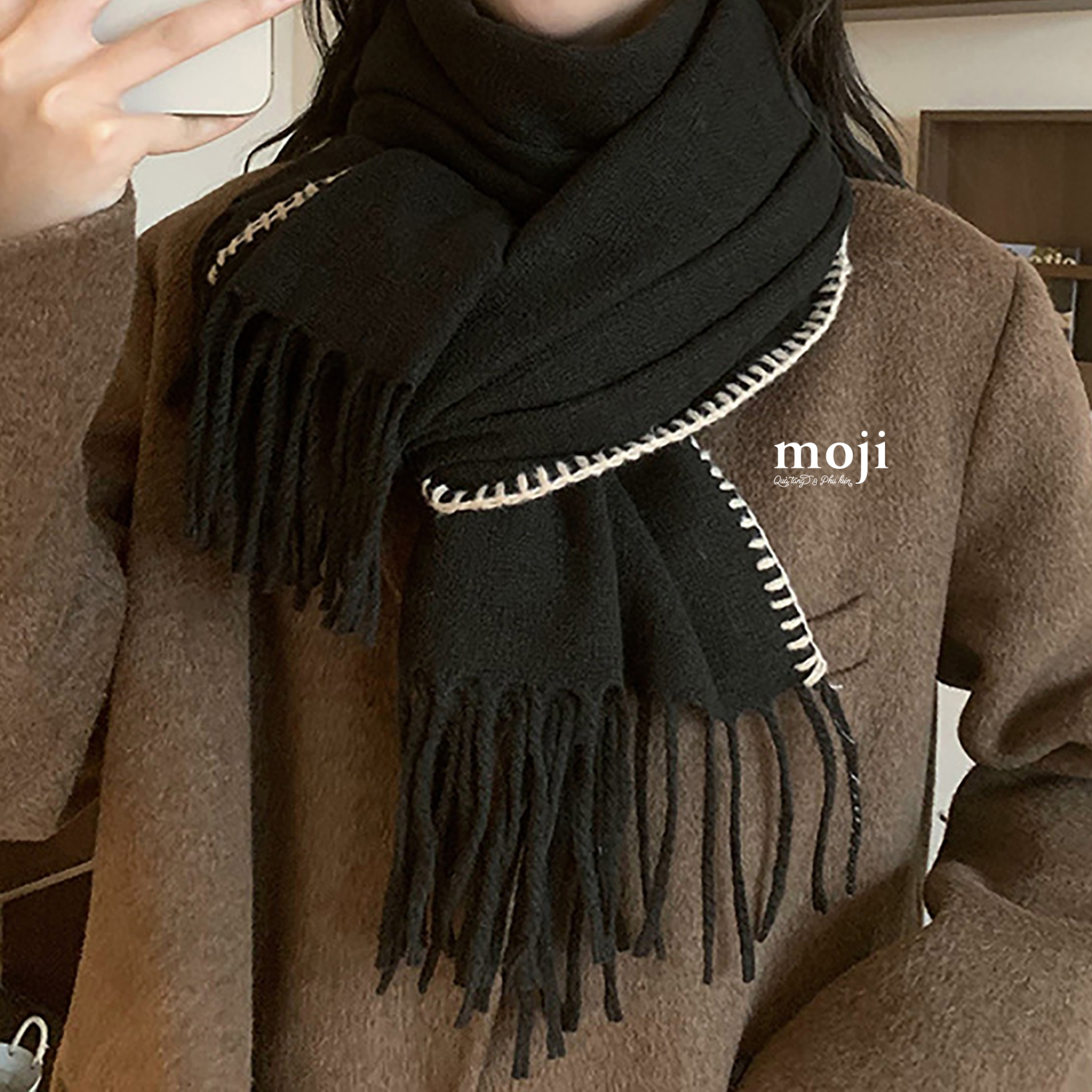 Khăn len cashmere Basic màu viền chỉ tua rua 65x215