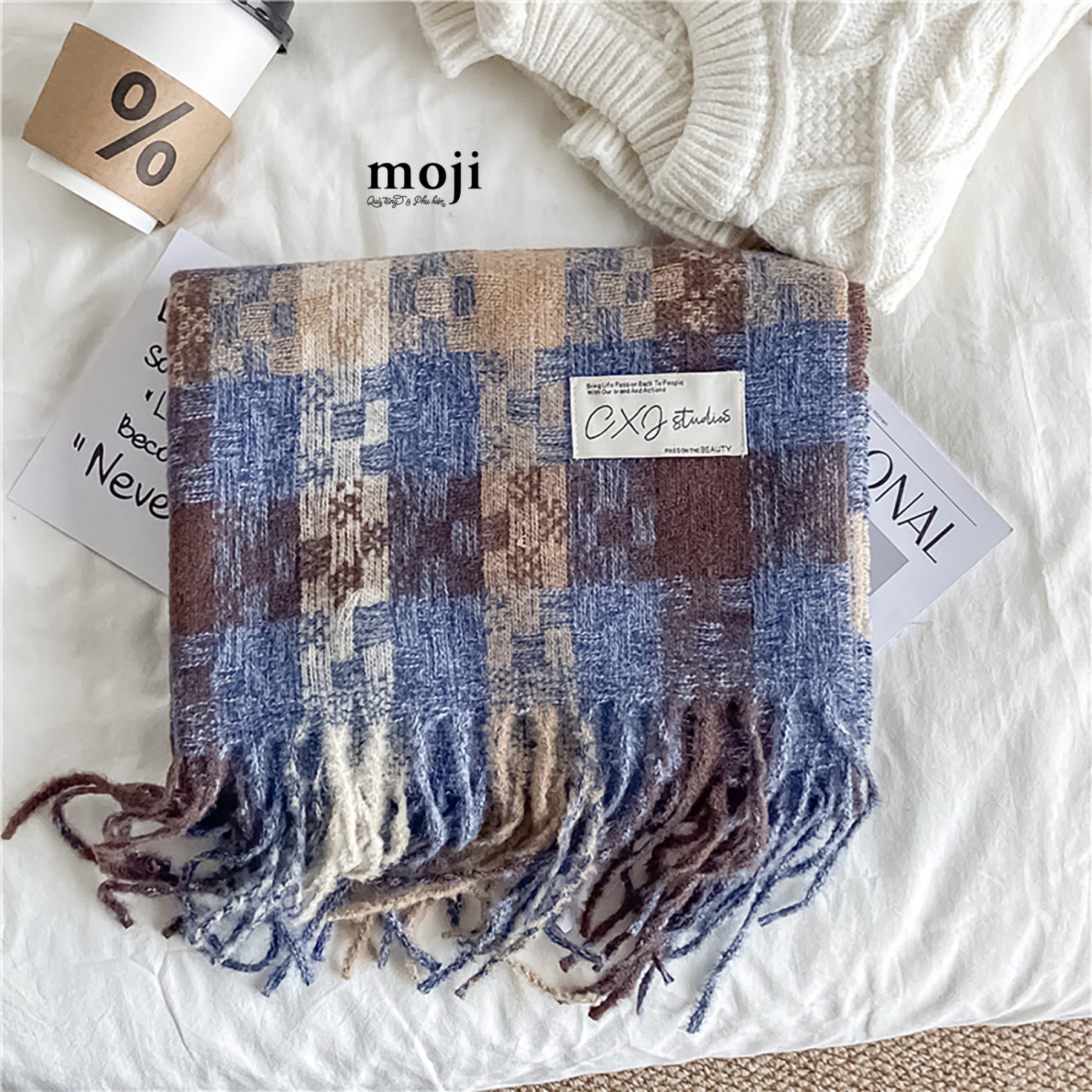 Khăn len cashmere Basic ô vuông nhỏ phối nhiều màu tua rua 60x220