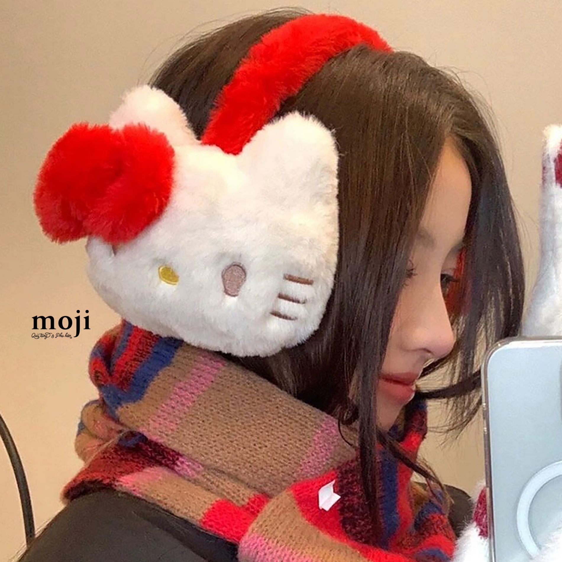 Bịt tai len Sanrio family Hello Kitty face bow nơ nổi
