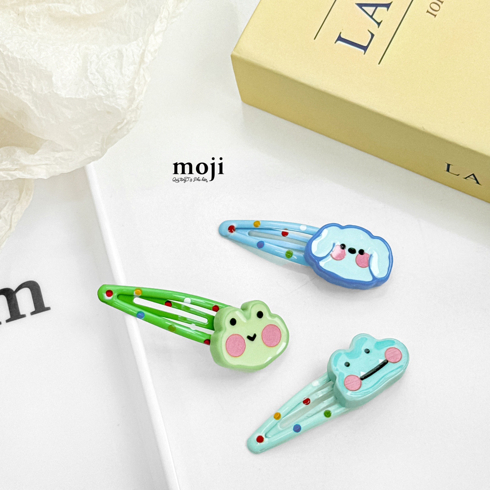 Kẹp tóc MJ Cute animal face má hồng chấm bi màu sắc set3