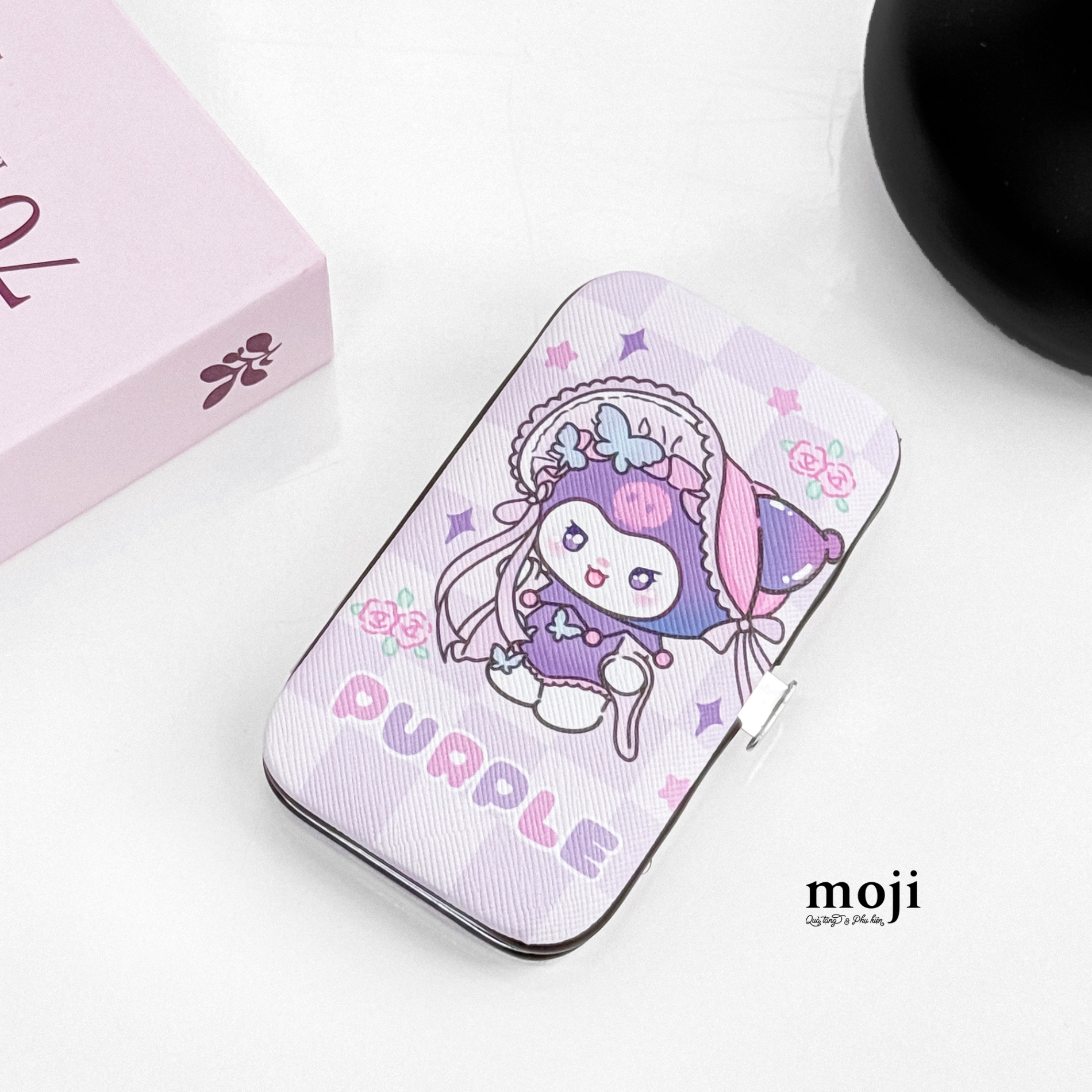 Bộ bấm móng tay cá nhân Sanrio family Kuromi purple flower nền kẻ ô set7