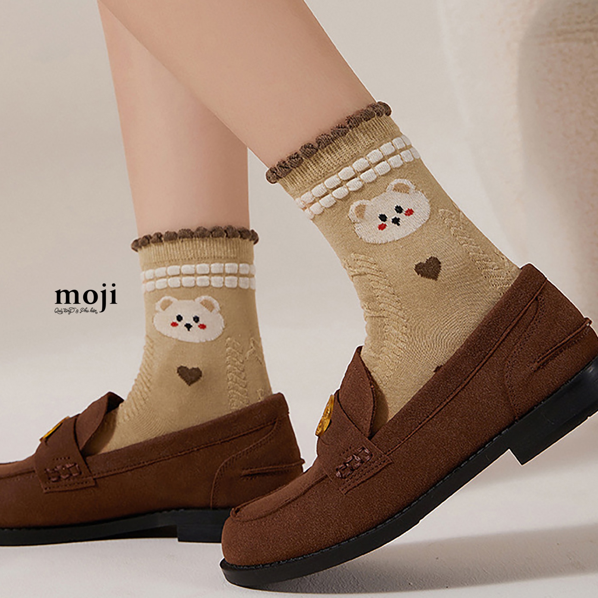 Tất vớ cổ cao Baby bear face heart xoắn thừng nổi