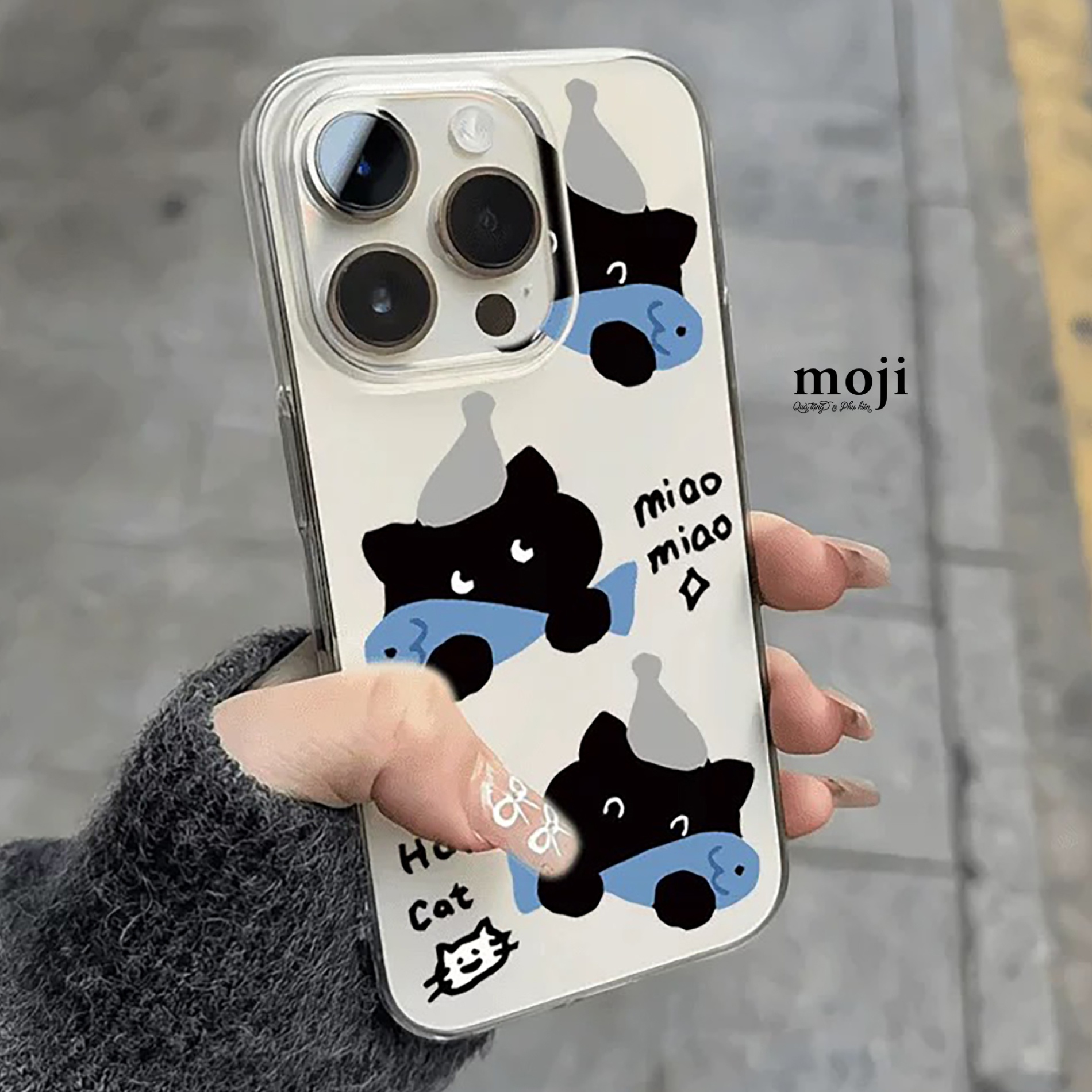 Ốp điện thoại Black cat ôm cá happy cat miao miao