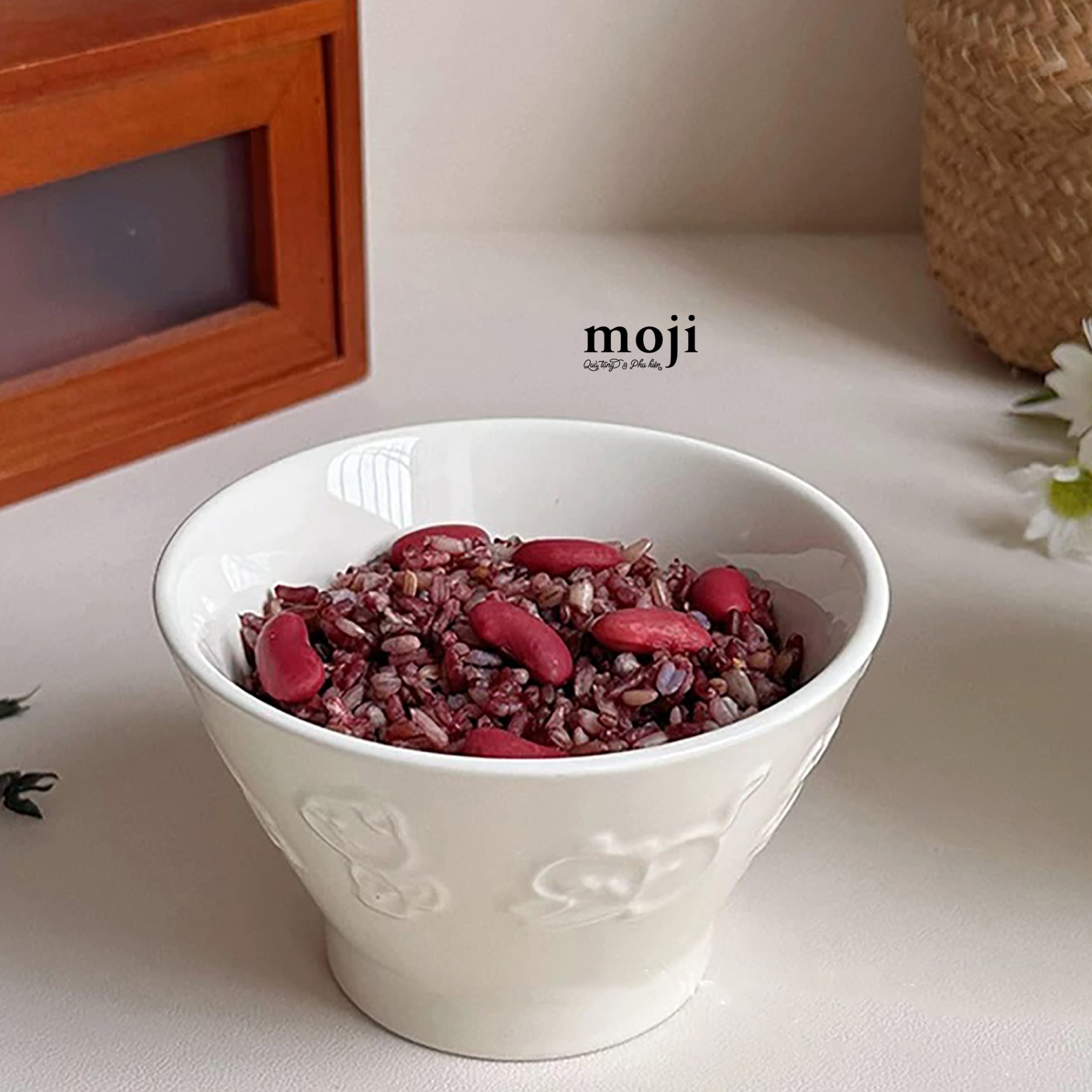 Chén bát gốm sứ Cute cat viền nổi 1 màu dáng hình chóp 7x12