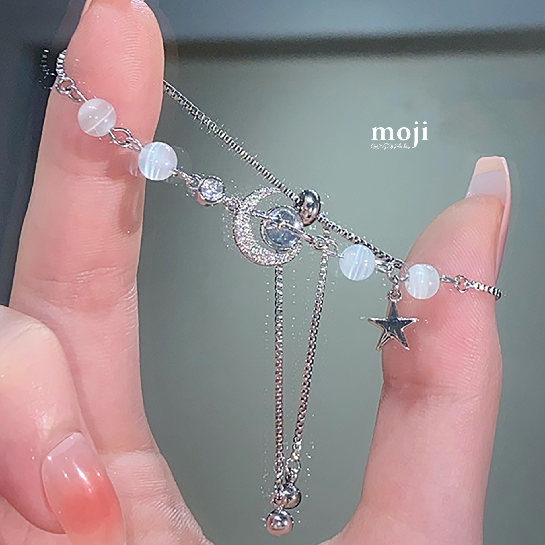 Vòng tay mạ bạc Moon star trăng khuyết đính đá thả dây dài