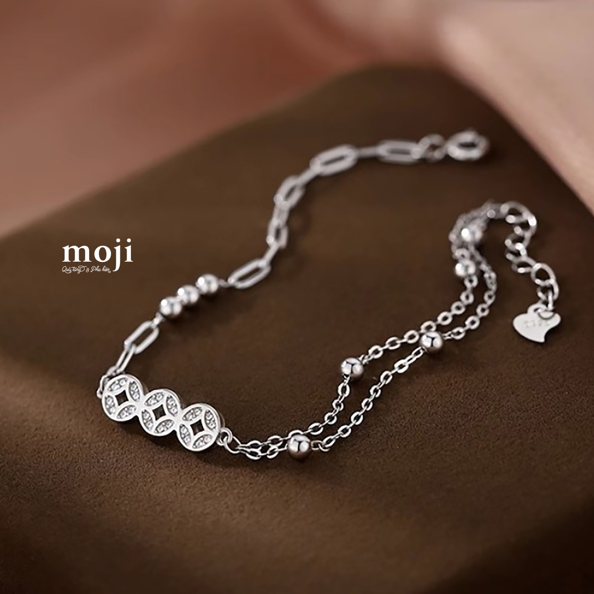 Vòng tay mạ bạc đôi Tiền vàng đồng xu đính đá hạt tròn