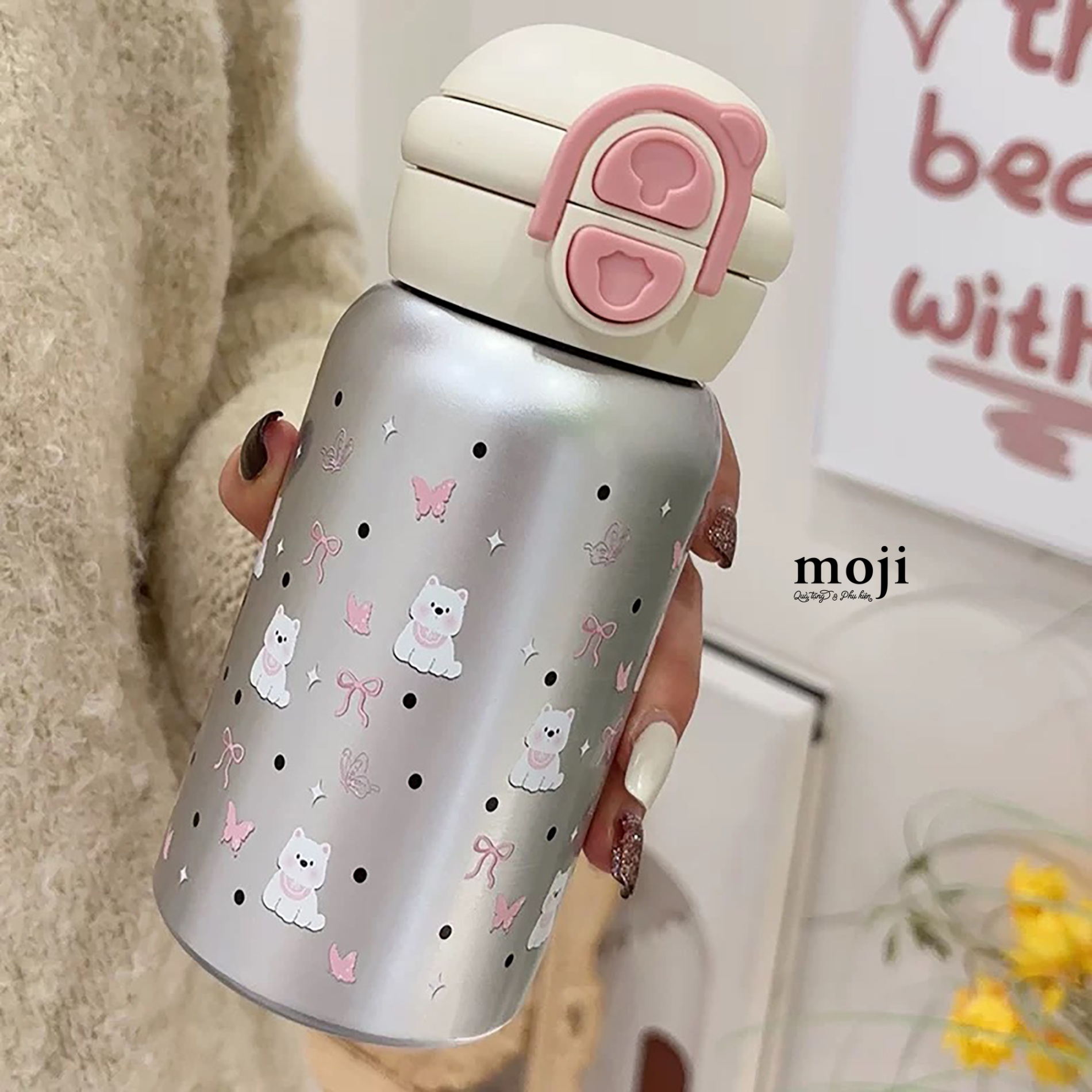 Bình nước giữ nhiệt Cute dog butterfly bow nơ chấm bi 480ml