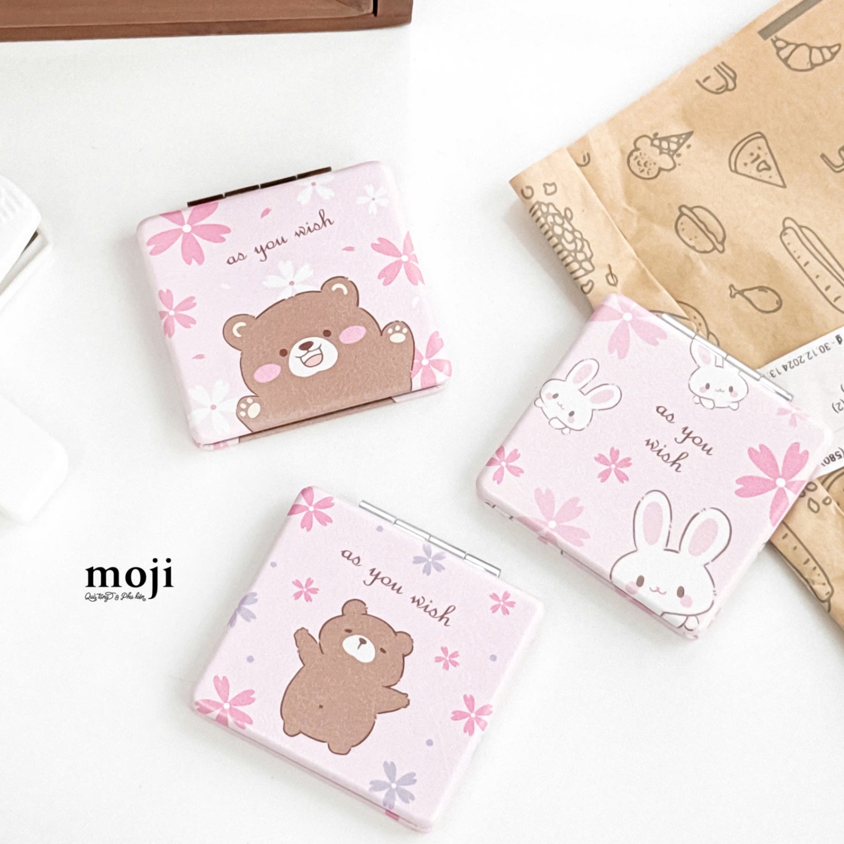 Gương gập vuông Baby bear rabbit flower as you wish 6x6