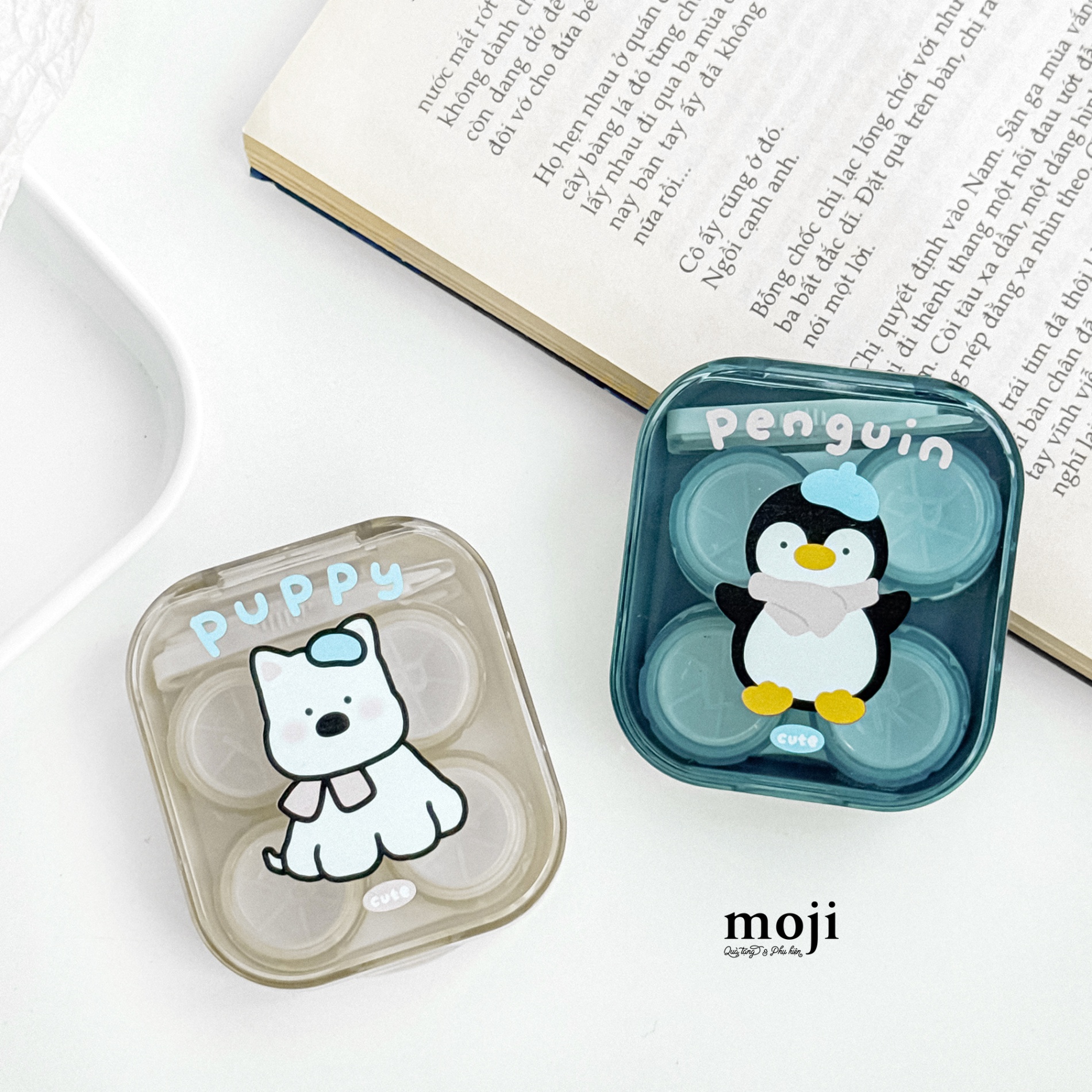 Hộp đựng lens Cute dog puppy penguin chim cánh cụt quàng khăn đội mũ set2