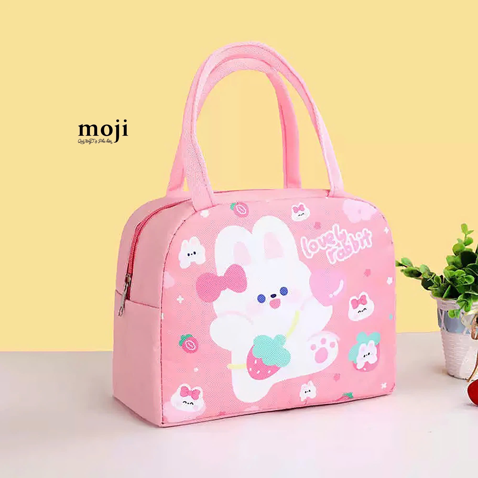 Túi đựng cơm giữ nhiệt Lovely rabbit fruit strawberry bow nơ 15x21x24