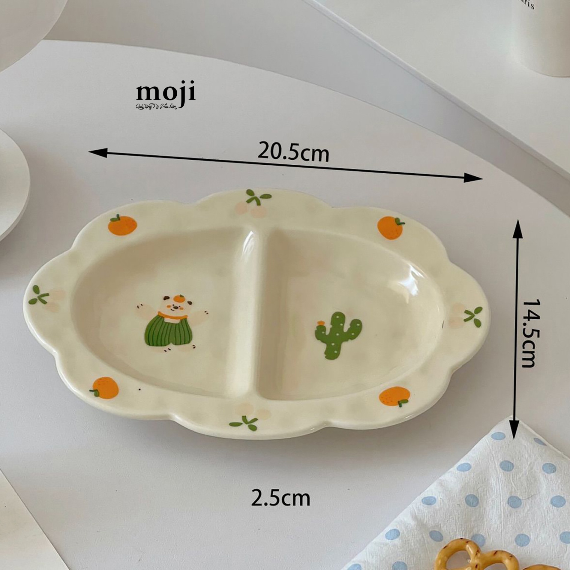 Đĩa gốm sứ Baby bear cactus xương rồng fruit 2 ngăn viền lượn sóng 14x20