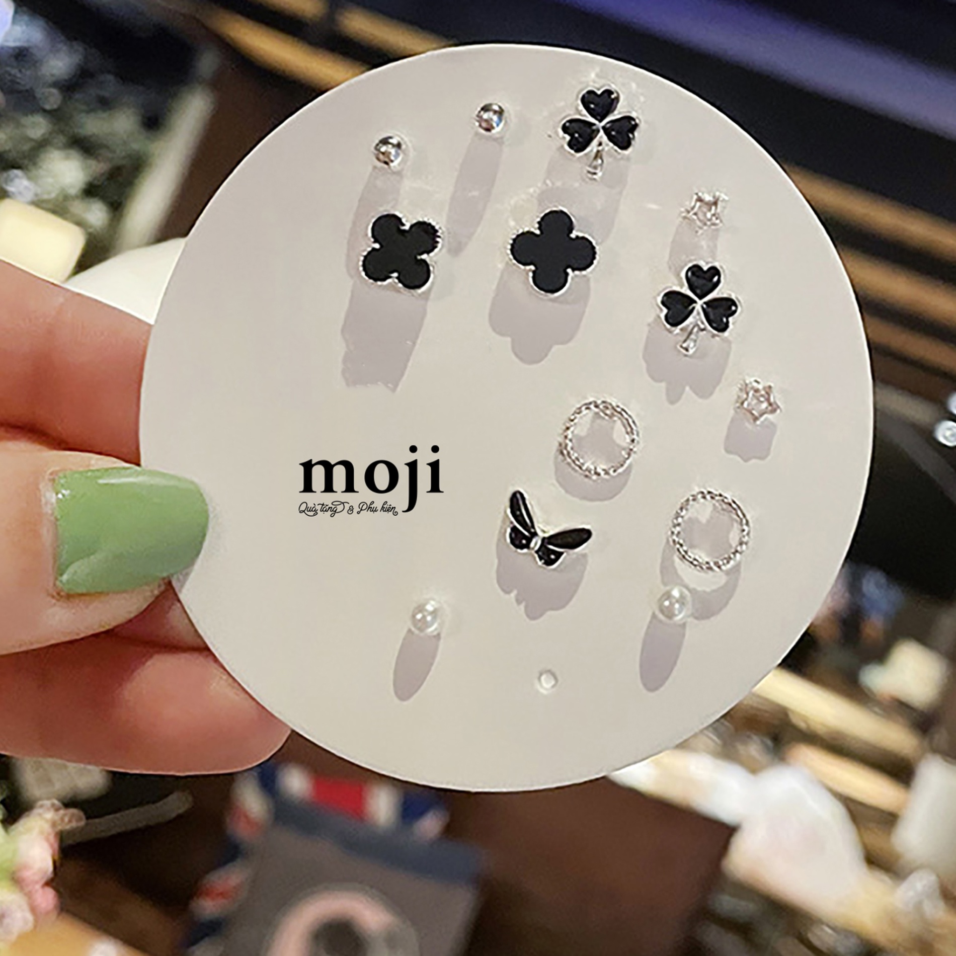 Khuyên tai set14 Butterfly cỏ may mắn hạt tròn ngôi sao ngọc trai vòng tròn