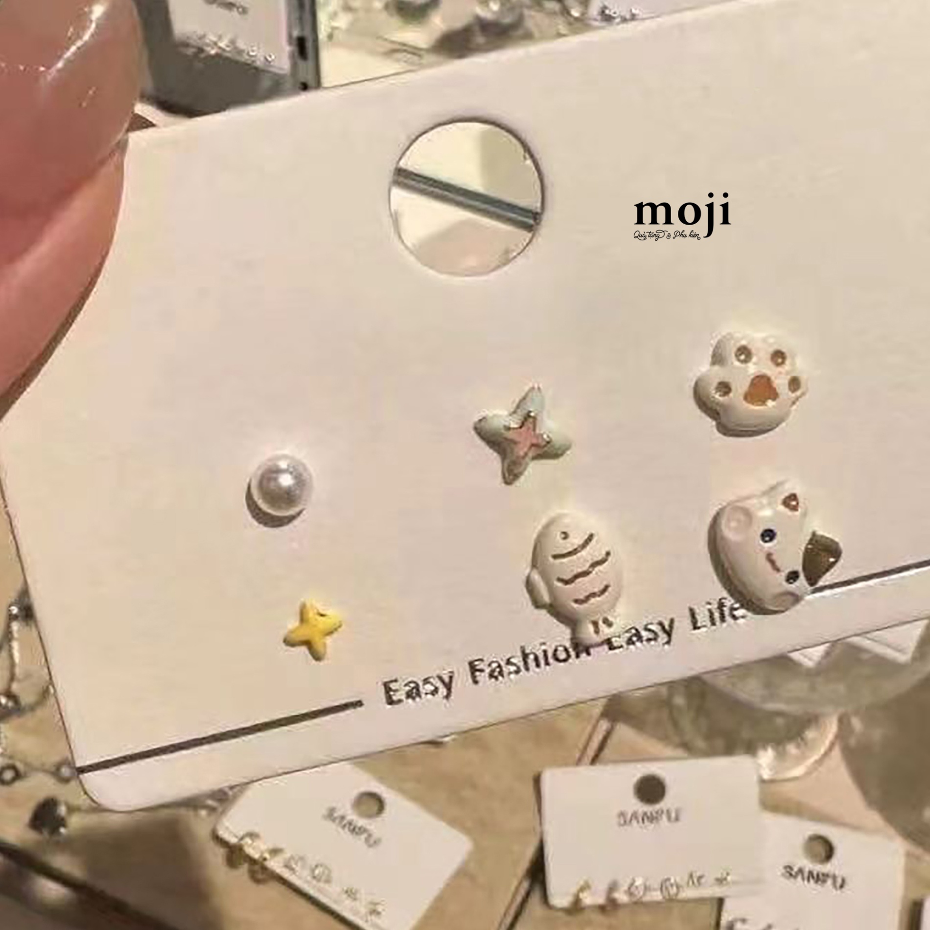 Khuyên tai set6 Cute cat face paw fish ngọc trai ngôi sao