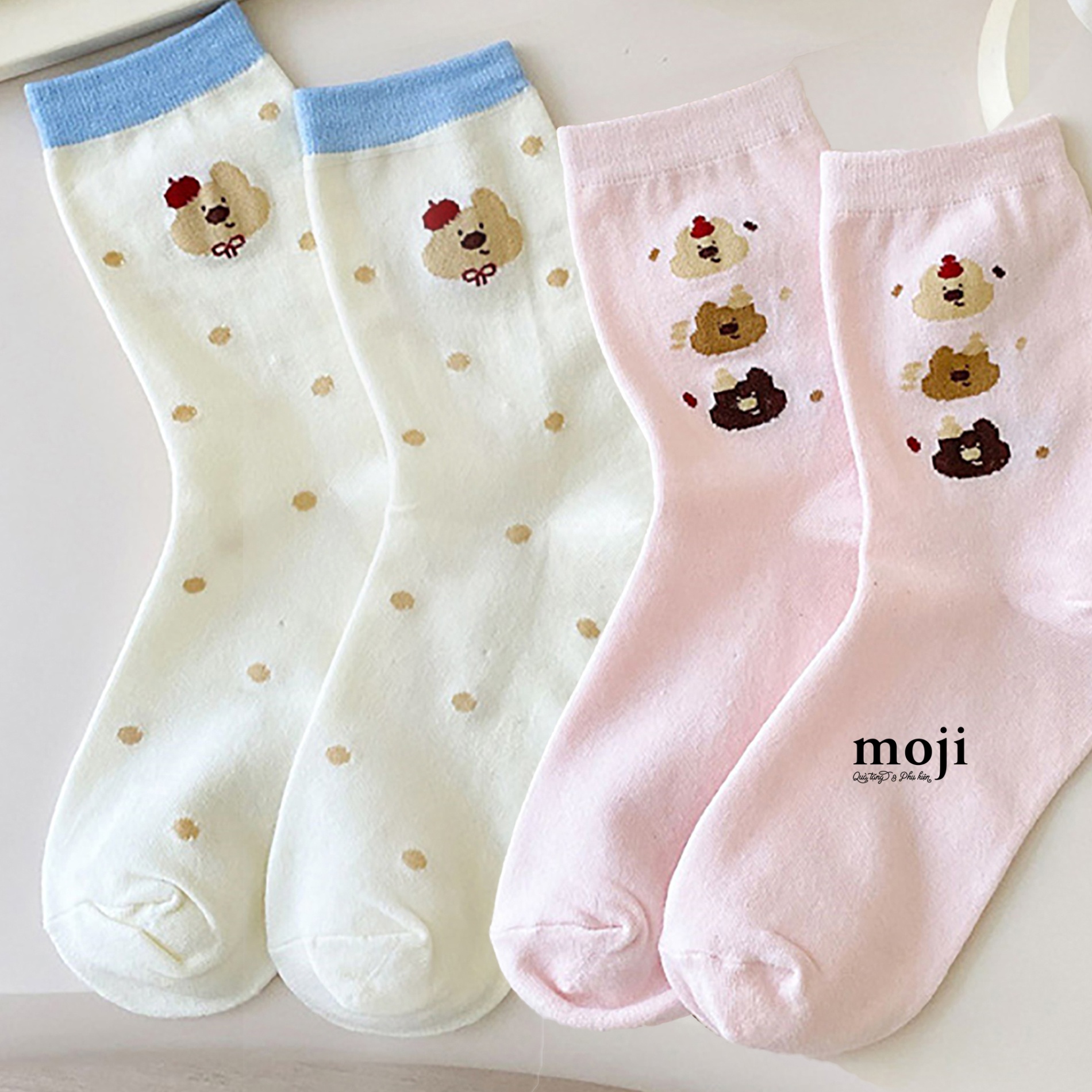 Tất vớ cổ cao Baby bear face đội mũ nền màu chấm bi màu sắc
