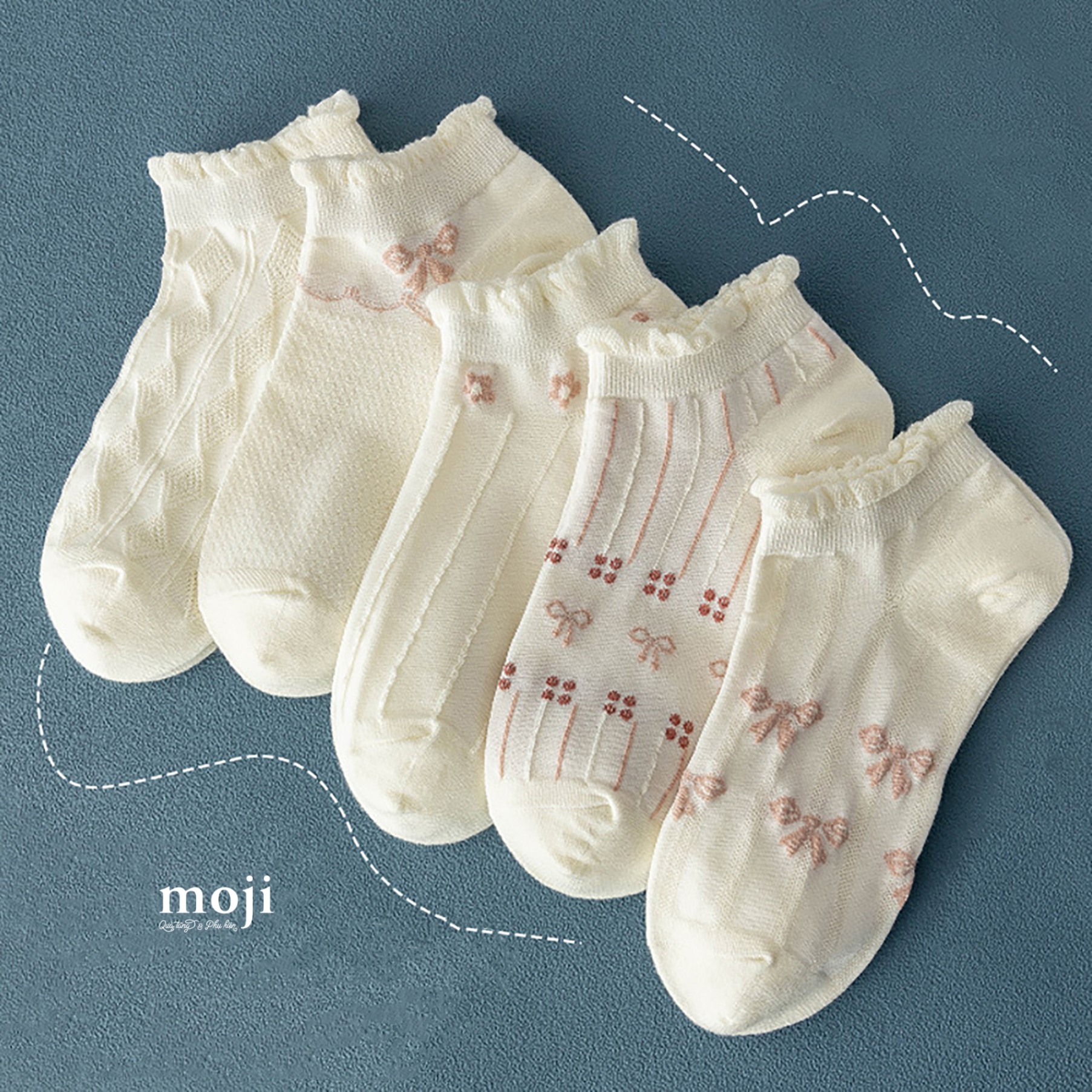 Tất vớ cổ ngắn Bow nơ flower họa tiết dập nổi viền bèo nhún