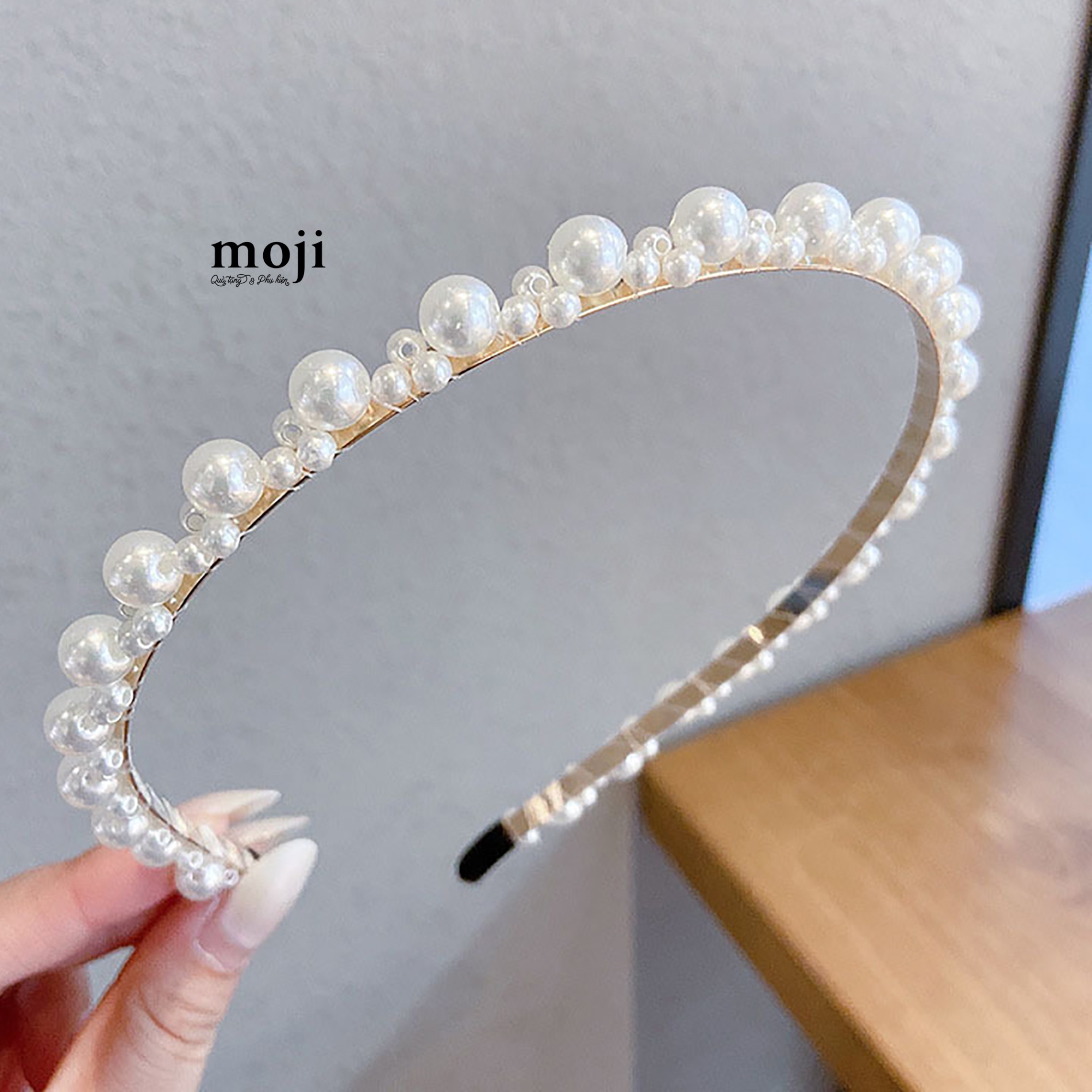 Băng đô bờm chuỗi ngọc trai kết chùm xếp xen kẽ