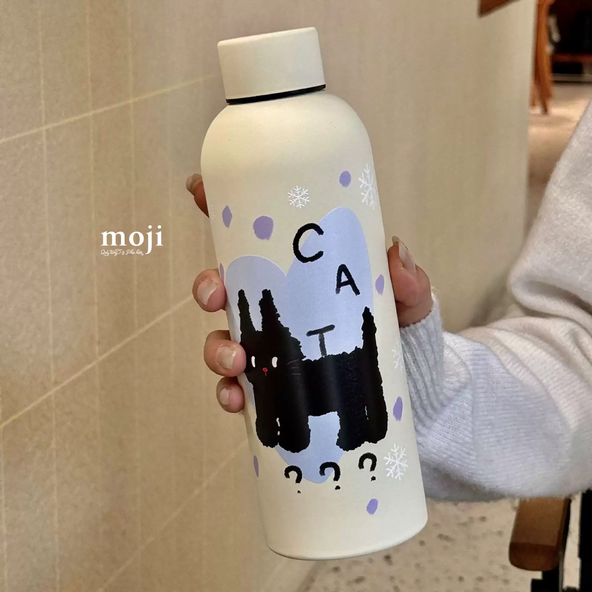 Bình nước inox Black cat heart chấm bi hoa tuyết 500ml