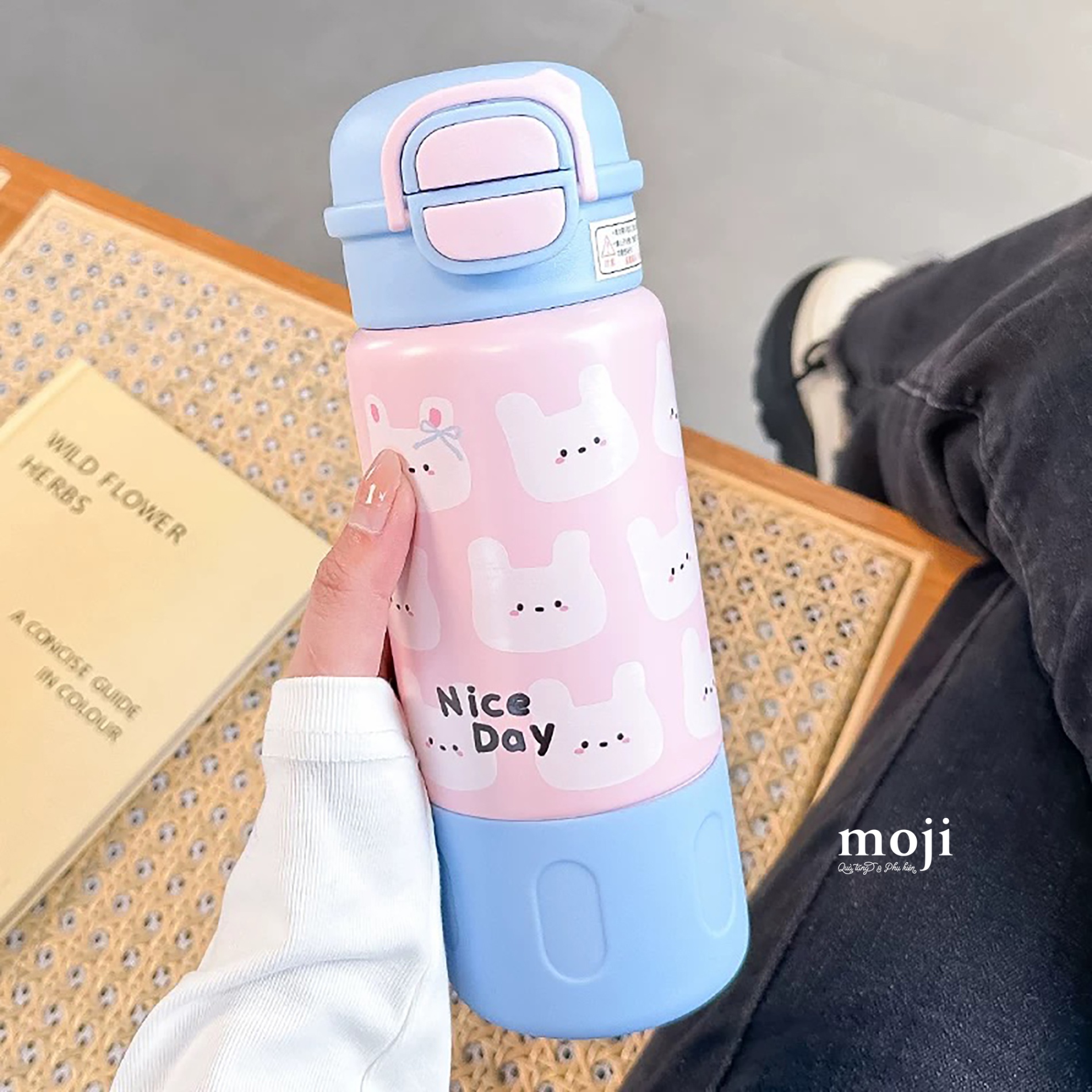 Bình nước giữ nhiệt Nhiều thỏ má hồng face nice day 500ml