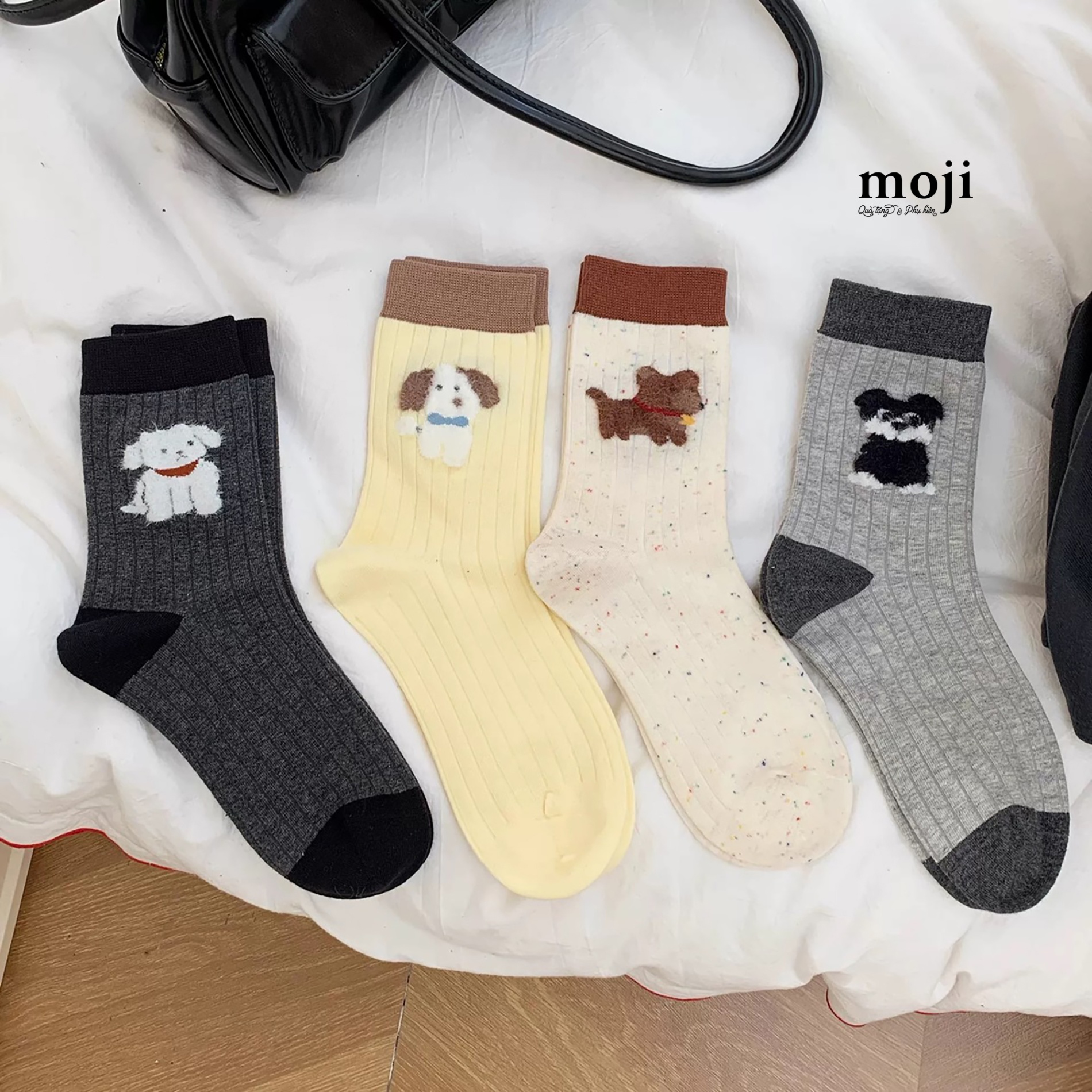 Tất vớ cổ cao Cute dog họa tiết xù viền cổ phối màu