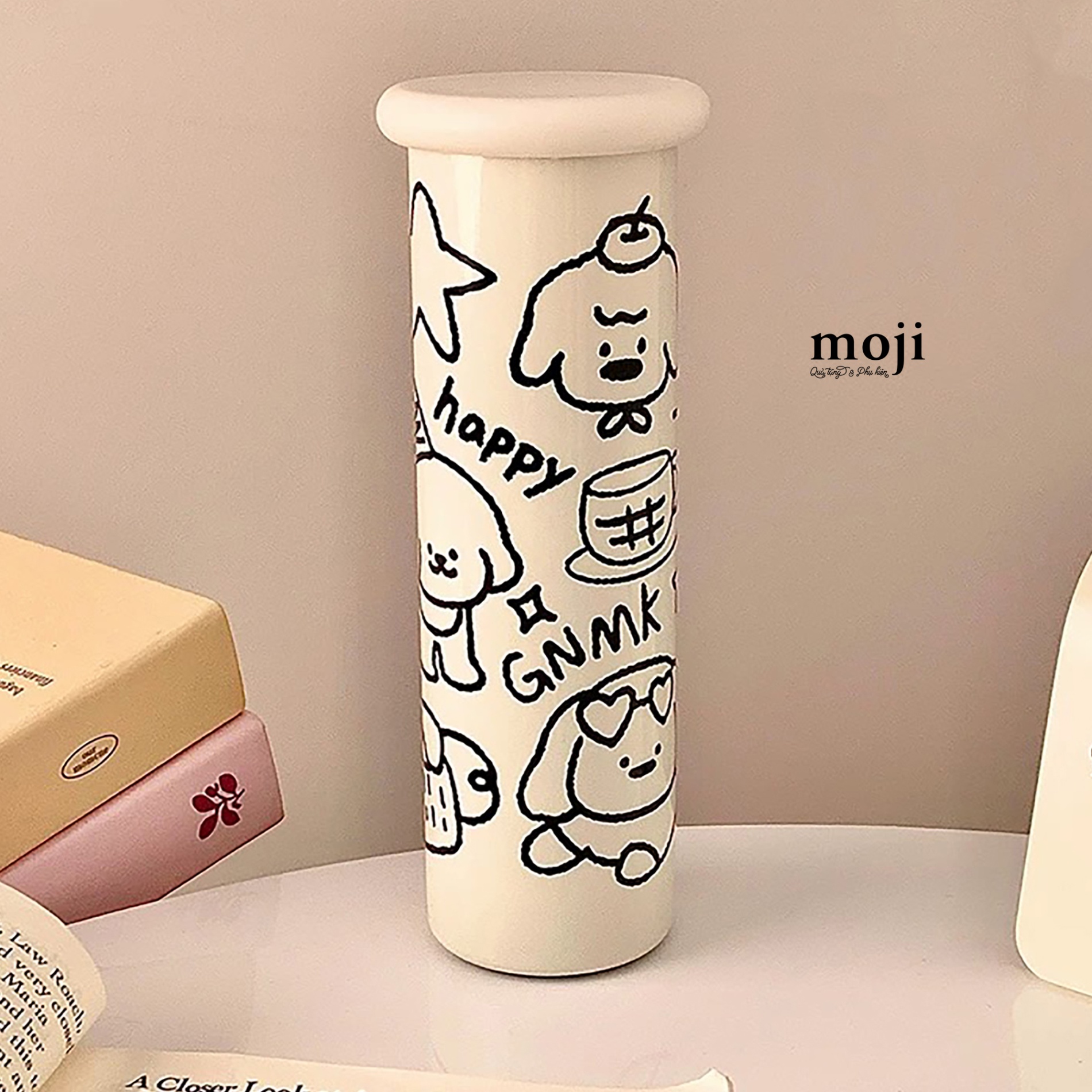 Bình nước giữ nhiệt Happy dog viền đen nền màu 300ml