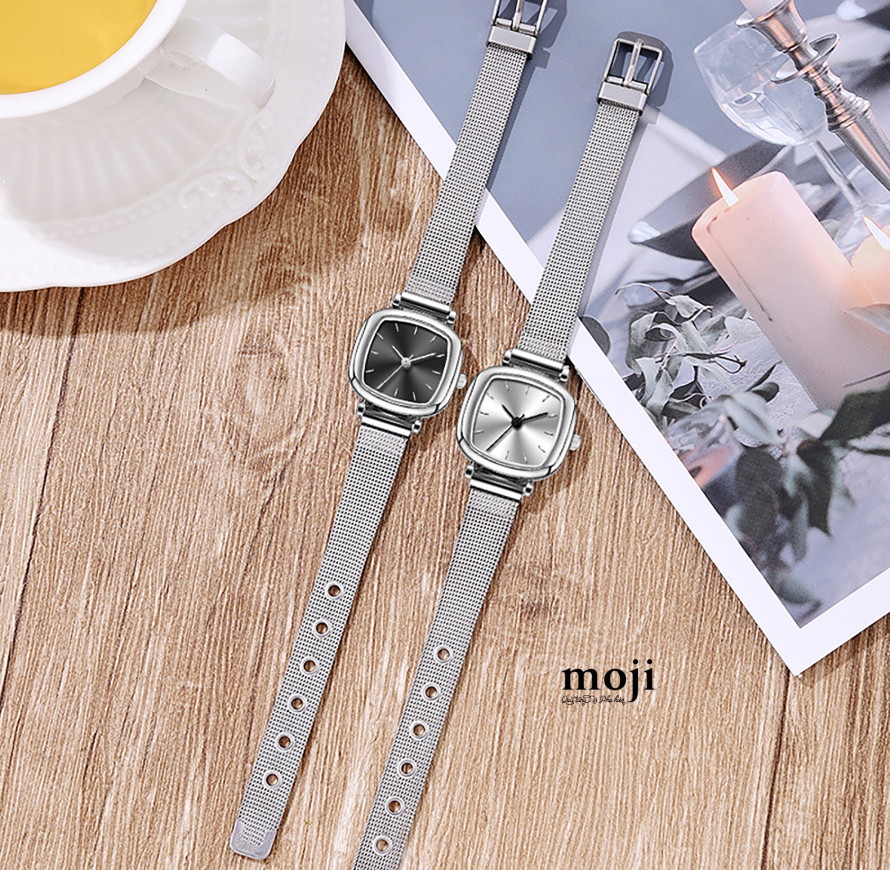 Đồng hồ MJ dây kim loại Basic mặt vuông viền dày vạch số 27mm