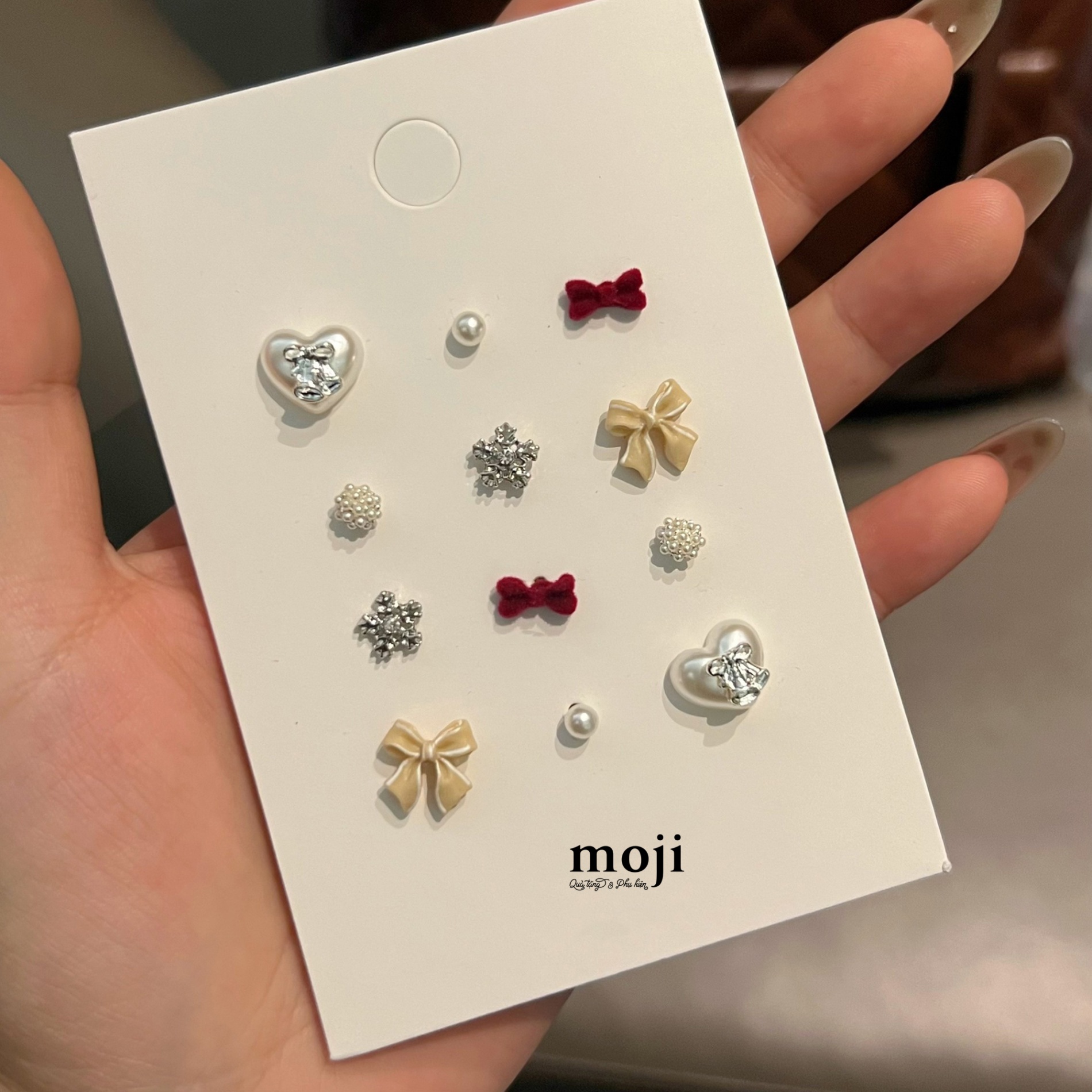Khuyên tai set12 Heart bow nơ hoa tuyết ngọc trai