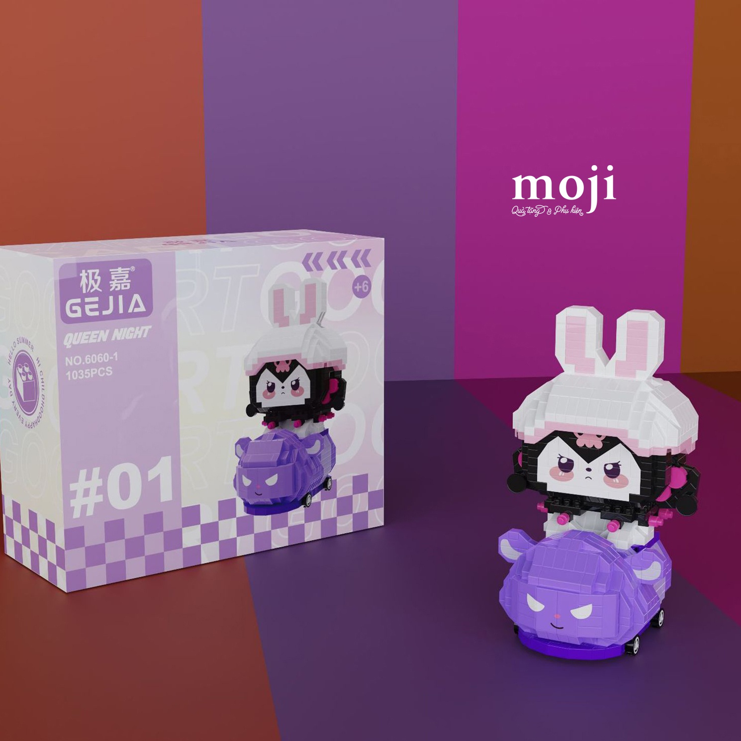Đồ chơi xếp hình Sanrio family Kuromi cosplay rabbit chạy xe 7x10x12