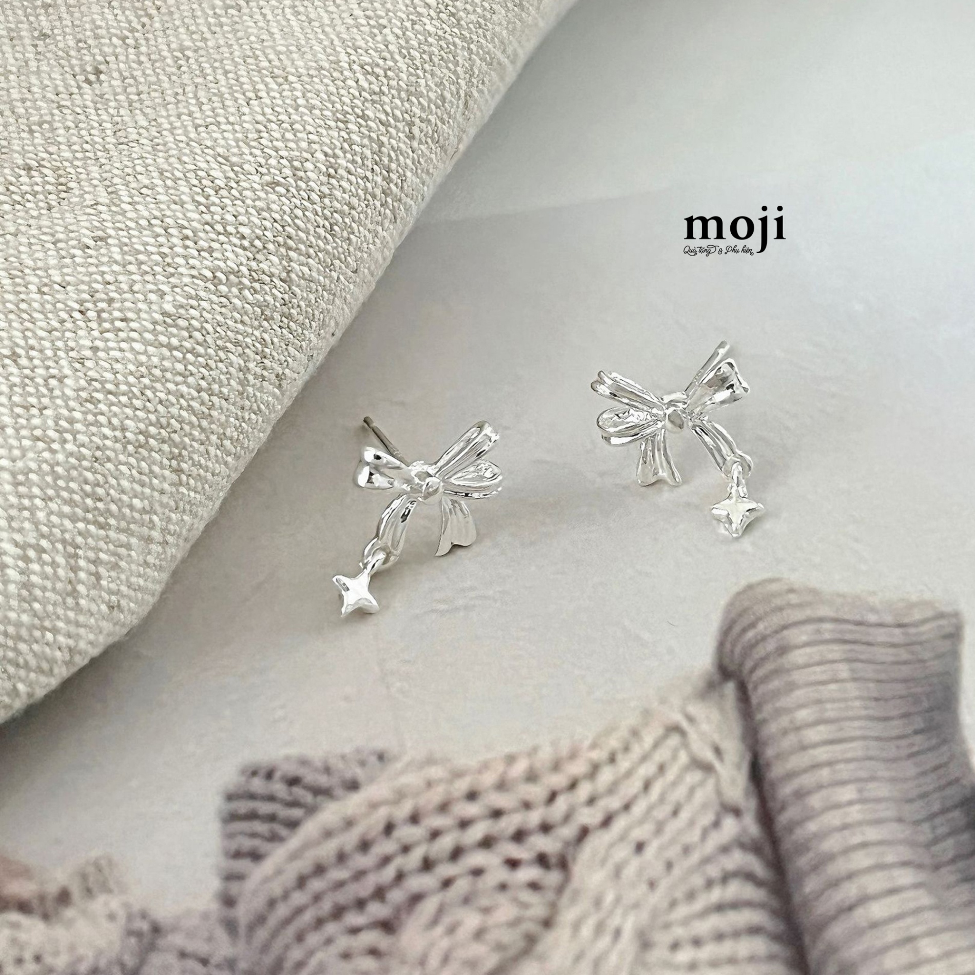 Khuyên tai mạ bạc Bow nơ thả ngôi sao nhỏ