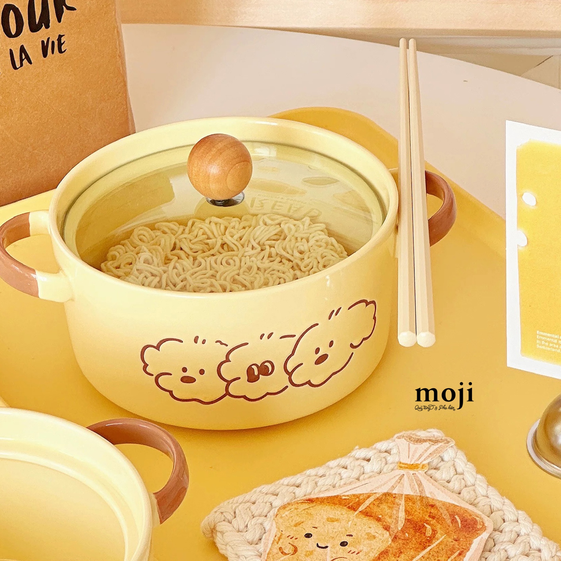 Chén bát gốm sứ kèm nắp thủy tinh Good dog face cún lông xù viền màu 8x15