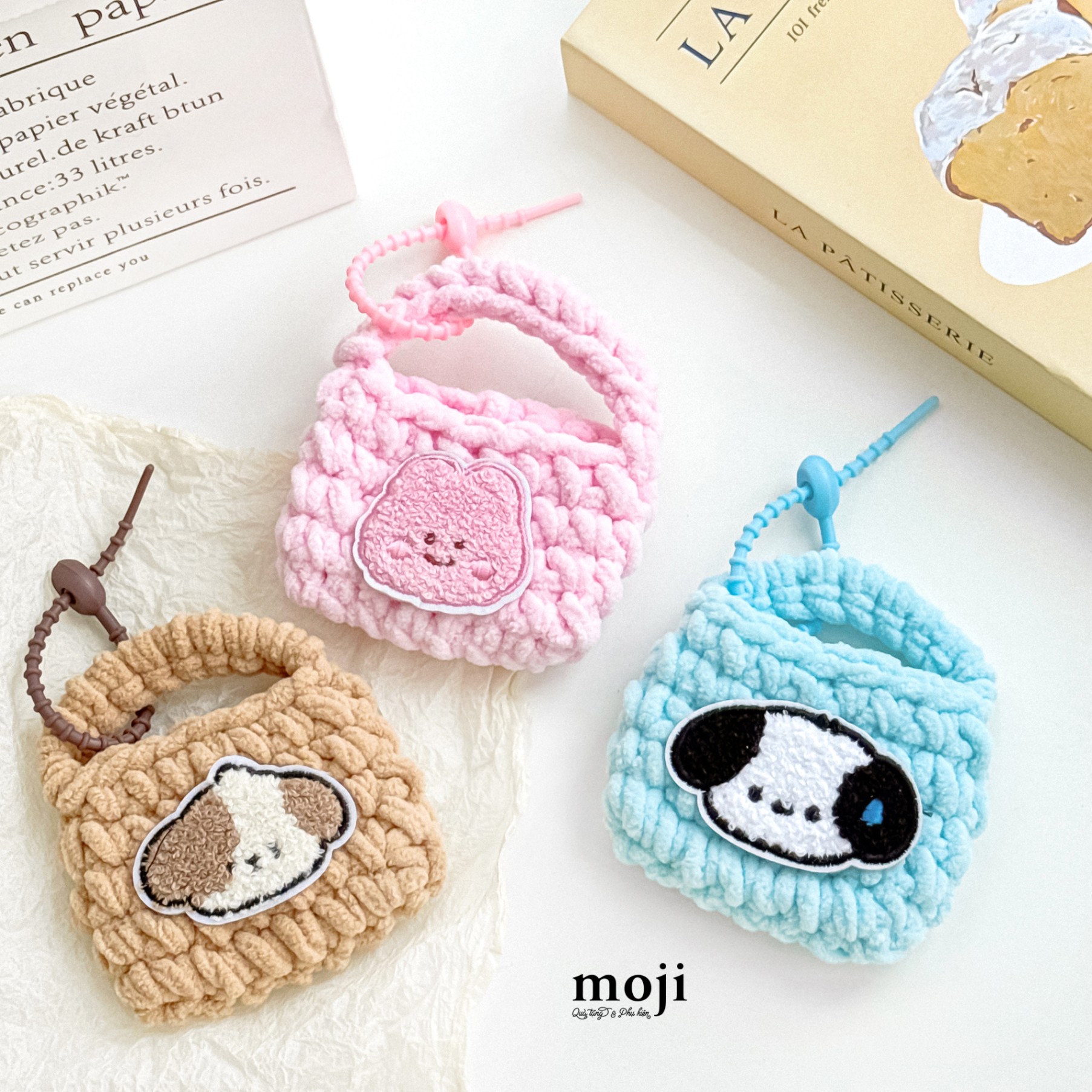 Túi ví đa năng đựng airpods móc len Cute dog rabbit face viền màu