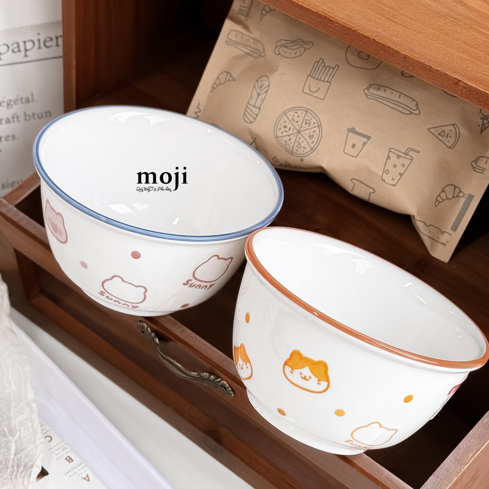 Chén bát gốm sứ Funny cat pig face chấm bi 6x11