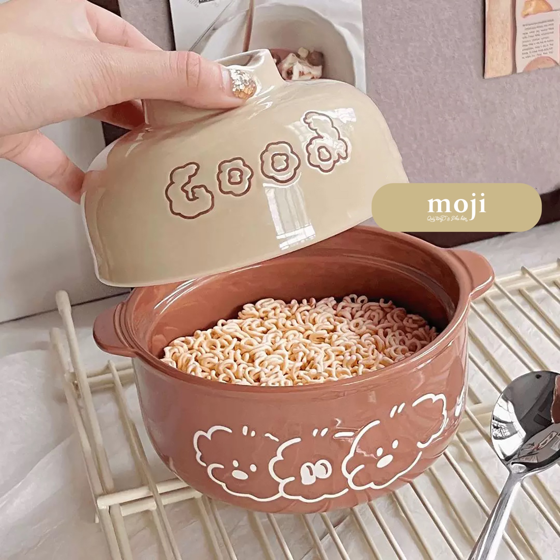 Chén bát gốm sứ kèm nắp sứ Good dog face phối màu kèm nắp 8x15
