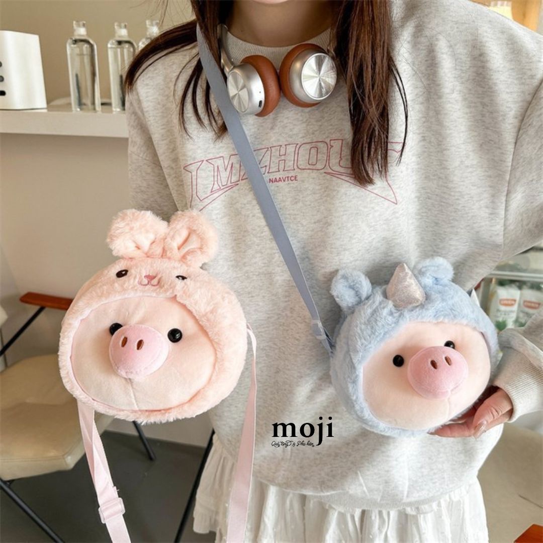 Túi đeo gấu bông Cute pig cosplay Unicorn rabbit face 16x18