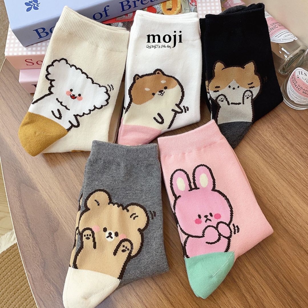 Tất vớ cổ cao Cute animal ngó đầu gót chân phối màu